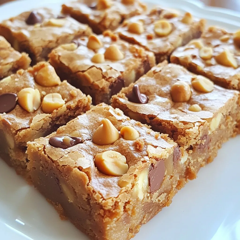 - 1 cup creamy peanut butter - 1/2 cup packed brown sugar - 1/4 cup granulated sugar - 1 large egg - 1 teaspoon pure vanilla extract - 1/4 teaspoon baking powder - 1/4 teaspoon baking soda - 1/4 teaspoon fine sea salt - 1 cup all-purpose flour - 1/2 cup semi-sweet or dark chocolate chips - 1/4 cup crushed peanuts (optional) The list of ingredients is simple but key to great blondies. The creamy peanut butter gives them a rich flavor. Brown sugar adds moisture and a hint of caramel taste. Granulated sugar balances the sweetness. The egg binds the mix and helps it rise. Vanilla adds a lovely aroma. Baking powder and baking soda give the blondies lift. Salt enhances all the flavors. All-purpose flour gives structure. Chocolate chips make each bite delightful. Crushed peanuts add crunch if you choose. If you want to switch things up, consider these options: - Use almond or cashew butter for a different nutty flavor. - Swap brown sugar for coconut sugar for a healthier choice. - For gluten-free blondies, use almond flour or a gluten-free blend. Feel free to get creative! Here are some fun ideas: - Add chopped walnuts or pecans for extra crunch. - Use white chocolate or milk chocolate chips. - Swirl in some caramel or butterscotch for a sweet twist. {{ingredient_image_2}} 1. Preheat the oven and prepare the baking pan Start by preheating your oven to 350°F (175°C). Grab an 8x8-inch baking pan. Grease it lightly or line it with parchment paper. This makes it easy to remove the blondies later. 2. Mix the peanut butter and sugars In a large mixing bowl, add 1 cup of creamy peanut butter, 1/2 cup of packed brown sugar, and 1/4 cup of granulated sugar. Use a sturdy spatula or hand mixer to blend these ingredients until smooth. This mix should be creamy and well combined. 3. Incorporate egg and vanilla into the mixture Crack 1 large egg into the bowl. Pour in 1 teaspoon of pure vanilla extract. Mix until fully incorporated. Your mixture should be creamy and rich. 4. Whisk the dry ingredients separately In another bowl, whisk together 1 cup of all-purpose flour, 1/4 teaspoon of baking powder, 1/4 teaspoon of baking soda, and 1/4 teaspoon of fine sea salt. This helps evenly distribute the leavening agents. 5. Folding in chips and transferring to pan Gradually add the dry mix to the peanut butter mix. Stir gently until just combined. Don’t overmix; a few flour streaks are okay. Then, fold in 1/2 cup of semi-sweet or dark chocolate chips. Add 1/4 cup of crushed peanuts if you want extra crunch. 6. Baking time and doneness check Pour the batter into the prepared baking pan. Spread it evenly with your spatula. Bake in the preheated oven for 20-25 minutes. The edges should turn golden brown. Use a toothpick to check doneness; it should come out clean or with a few moist crumbs. Once baked, let them cool for about 15 minutes in the pan. Transfer to a wire rack to cool completely. - *Mixing Tips*: Always mix gently. Stir the batter until just combined. This keeps the blondies soft. Overmixing can make them tough. A few flour streaks are fine! - *Best Baking Practices*: Bake at 350°F (175°C) for 20-25 minutes. Check for golden edges. Insert a toothpick into the center; it should come out clean or with a few moist crumbs. - *Cutting for Presentation*: Use a sharp knife. Cut the blondies into even squares for a nice look. Wipe the knife between cuts for clean edges. - *Ideal Pairings*: Serve these blondies with cold milk or hot coffee. They also taste great with vanilla ice cream or a dollop of whipped cream. - *If Blondies Are Too Dry*: Add a little more peanut butter next time. This keeps them moist. You can also try baking for less time. - *Avoiding Undercooked Centers*: Make sure to bake until the edges are golden. If unsure, let them cool before cutting. They set as they cool. Pro Tips Use Room Temperature Ingredients: Allow your peanut butter and egg to come to room temperature before mixing for a smoother batter. Don't Overmix: Mix the batter until just combined to keep the blondies soft and chewy. Check for Doneness Early: Start checking the blondies at 20 minutes; they can overbake quickly. Customize Your Mix-ins: Feel free to substitute chocolate chips with butterscotch chips or add dried fruit for a unique twist. {{image_4}} You can add fun flavors to your blondies. Try a chocolate peanut butter swirl. Simply take some melted chocolate and swirl it into the batter before baking. This adds a nice touch and extra chocolate flavor. You can also add caramel or butterscotch chips. These will make your blondies even sweeter and richer. Just mix them in with the chocolate chips for a tasty surprise! If you want a healthier treat, you can reduce the sugar. Use less brown and granulated sugar. You can also swap in oats or protein powder. This will add fiber and protein, making them a bit more nutritious. Just substitute half the flour with oats or protein powder for a wholesome twist! For those who follow a vegan diet, you can make these blondies without eggs. Use a flax egg instead. Mix one tablespoon of ground flaxseed with three tablespoons of water. Let it sit for five minutes to thicken. This works well in place of the egg. If you need a keto-friendly recipe, use almond flour instead of all-purpose flour. Also, replace sugars with keto-friendly sweeteners. These changes will keep the blondies low in carbs but still tasty. To keep your peanut butter chocolate chip blondies fresh, store them in an airtight container. This helps keep the moisture in. You can use a glass or plastic container with a tight lid. If you have a lot, stack them in layers with parchment paper in between. This keeps them from sticking together. You can store blondies at room temperature for up to three days. If you want to keep them longer, refrigeration is a good choice. Just remember, cold blondies may lose some of their soft texture. If you want to save blondies for later, freezing is a great option. First, let them cool completely. Then, wrap each piece in plastic wrap. After that, place them in a freezer bag. Be sure to label the bag with the date. This way, you can enjoy them later! To thaw, simply take them out of the freezer. Let them sit at room temperature for about an hour. If you want a warm treat, you can microwave them for about 10-15 seconds. This brings back that gooey texture. Your blondies can last up to a week at room temperature. If stored in the fridge, they can last up to two weeks. Always check for signs of spoilage. If they smell off or have mold, it's best to throw them away. Fresh blondies should feel soft and chewy. If they become hard or stale, it's time to say goodbye. You can tell when your blondies are done by checking the edges. They should be a nice golden brown. Insert a toothpick into the center. If it comes out clean or with a few moist crumbs, they are ready. Keep an eye on them to avoid overbaking. Yes, you can use natural peanut butter. However, it may change the texture. Natural peanut butter can be more oily and less creamy. You might need to adjust the amount of sugar to balance the flavors. Blondies taste great both ways! Warm blondies have a gooey texture and melt-in-your-mouth flavor. Chilled blondies are firmer and easier to cut. It comes down to personal preference. Try both to find your favorite! Absolutely! Adding sprinkles can make them fun and festive. You can also top them with frosting for extra sweetness. Just remember to adjust the baking time if you add more ingredients. Blondies and brownies are both delicious, but they differ in flavor and color. Blondies have a butterscotch flavor due to brown sugar and peanut butter. Brownies are chocolate-based and richer in flavor. The texture is also different; blondies are more cake-like. To sum up, this guide showed you how to make delicious blondies. We covered important ingredients, options for substitutions, and tasty add-ins. You now have step-by-step instructions for preparation and baking. I shared tips for the perfect texture and serving suggestions. Plus, you learned about variations, storage methods, and common questions. With this knowledge, you can create your own blondies. Enjoy baking and sharing them with others!