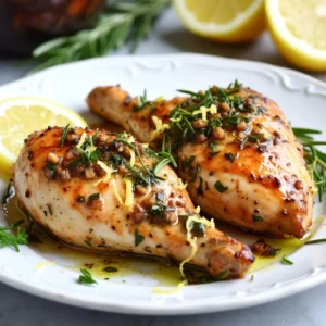 - 4 boneless, skinless chicken breasts - 4 cloves of garlic, finely minced - 2 tablespoons fresh rosemary, finely chopped - 2 tablespoons fresh thyme leaves - 3 tablespoons high-quality olive oil - 1 teaspoon freshly grated lemon zest - Salt and freshly cracked pepper to taste - Lemon wedges for serving The key to juicy and flavorful garlic herb roasted chicken breasts lies in the ingredients. First, you need four skinless chicken breasts. Choose fresh ones for the best taste. Next, garlic is a must. Four cloves, finely minced, will add a strong flavor that complements the chicken well. Fresh herbs are essential. Use two tablespoons of chopped rosemary and two tablespoons of thyme. These herbs bring a lovely aroma and taste. For the marinade, three tablespoons of high-quality olive oil ensure the chicken stays moist. You will also need one teaspoon of lemon zest. This adds brightness to the dish. Finally, season with salt and freshly cracked pepper to enhance all the flavors. Don&rsquo;t forget to have lemon wedges on the side for serving. They add a nice touch and extra zing when squeezed over the chicken. With these ingredients, you set the stage for a fantastic meal. {{ingredient_image_2}} 1. Preheat the oven to 400&deg;F (200&deg;C). This helps cook the chicken evenly. 2. In a bowl, combine the minced garlic, chopped rosemary, thyme, olive oil, lemon zest, salt, and pepper. Mix well until you have a fragrant herb marinade. 1. Pat the chicken breasts dry with paper towels. This step removes extra moisture and helps the chicken sear well. 2. Coat the chicken with the herb marinade. Make sure every piece is well covered. Let it marinate for at least 30 minutes at room temperature. For deeper flavor, refrigerate for up to 2 hours. 1. Line a baking sheet with parchment paper to prevent sticking. Arrange the marinated chicken breasts on it in a single layer. 2. Roast the chicken in the preheated oven for 25-30 minutes. Use a meat thermometer to ensure it reaches an internal temperature of 165&deg;F (75&deg;C). 3. After roasting, let the chicken rest on the baking sheet for 5 minutes. This resting time helps keep the chicken juicy when you slice it. - Marinate for at least 30 minutes or up to 2 hours for enhanced flavors. - Use high-quality olive oil for better taste. Marinating chicken is key to great taste. The longer you let it sit, the more flavor it absorbs. I suggest a minimum of 30 minutes. For the best results, marinate for up to 2 hours. This allows the garlic and herbs to work their magic. Choosing good olive oil matters, too. A high-quality oil makes the dish richer and more flavorful. It also helps the herbs stick to the chicken better. - Pat chicken dry before marinating to achieve a better sear. - Let the chicken rest after roasting to retain juices. To keep your chicken juicy, start by patting it dry with paper towels. This simple step helps you get a nice sear when cooking. A good sear gives you a tasty crust. After roasting, allow the chicken to rest for about 5 minutes. This lets the juices settle back into the meat. When you slice it, you&rsquo;ll find a tender and juicy piece of chicken. - Slice diagonally for an elegant serving. - Garnish with fresh herbs and lemon wedges. Presentation makes your meal look special. Slice the chicken diagonally for a more elegant look. This also makes it easier to serve. To add color and freshness, garnish with chopped herbs and lemon wedges. This not only looks great but also adds a bright flavor. For a complete meal, serve it with seasonal veggies or a light salad. Pro Tips Marinate Longer for Flavor: For the best flavor, marinate the chicken breasts for at least 2 hours in the refrigerator. This allows the herbs and garlic to penetrate the meat deeply. Use a Meat Thermometer: To ensure perfectly cooked chicken, use a meat thermometer. The internal temperature should reach 165&deg;F (75&deg;C) for safe consumption. Rest the Chicken: Always let the chicken rest for at least 5 minutes after roasting. This helps the juices redistribute, keeping the meat juicy and tender. Experiment with Herbs: Feel free to swap or add different herbs like parsley or oregano to the marinade for a unique flavor profile tailored to your taste. {{image_4}} You can change the herbs in this recipe. Oregano or parsley work well. They add new tastes. Each herb brings a different flavor. Try what you like best. Mixing herbs can be fun, too! Want more kick? Add crushed red pepper flakes. It gives a nice heat to the dish. You can also try a splash of white wine. Balsamic vinegar adds a sweet touch to the marinade. Both options make the chicken even tastier. Grilling chicken brings a smoky flavor. It adds a great char that many love. If you want a quick option, use an air fryer. It cooks the chicken fast and keeps it juicy. Experiment with these methods for new tastes. Store leftover chicken in an airtight container for up to 3 days. This keeps the chicken fresh and safe to eat. If you know you won&rsquo;t use it all, try to divide it into smaller portions. This way, you can enjoy it over several meals without losing flavor. You can freeze cooked chicken for up to 3 months. Make sure to wrap it well in plastic wrap or foil, then place it in a freezer bag. This helps prevent freezer burn. When you want to enjoy it, thaw in the refrigerator before reheating. This slow thawing keeps the chicken juicy. To reheat, set your oven to 350&deg;F (175&deg;C). Place the chicken in a baking dish and cover it with foil. This prevents it from drying out. Heat until warmed through, about 15-20 minutes. Enjoy your tasty chicken just like it was fresh from the oven! Yes, chicken thighs can be used for a juicier outcome. Thigh meat has more fat than breasts. This fat keeps the meat moist while cooking. If you choose thighs, keep the cooking time similar. Check the temperature to ensure they cook fully. Thighs are also more forgiving if overcooked. Use a meat thermometer to check for an internal temperature of 165&deg;F (75&deg;C). Insert the thermometer into the thickest part of the chicken. This method gives you the best accuracy. If you don&rsquo;t have a thermometer, cut into the chicken. The juices should run clear with no pink meat. Pair with roasted vegetables, salad, or rice for a complete meal. Roasted potatoes and carrots make a great side. A simple green salad adds freshness. Rice or quinoa can soak up the chicken's juices. These sides balance the flavors and textures nicely. This blog post covered making delicious garlic herb roasted chicken. We detailed the key ingredients, from chicken breasts to fresh herbs. I provided clear steps for marinating and roasting chicken. You learned tips for enhancing flavor and ensuring a juicy finish. Variations and storage advice were included for easy meal prep. Now, you have all you need to make this dish a success. Enjoy experimenting with flavors and impressing your family and friends!