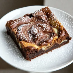 - 1/2 cup unsalted butter - 1 cup granulated sugar - 2 large eggs - 1 teaspoon pure vanilla extract - 1/3 cup unsweetened cocoa powder - 1/2 cup all-purpose flour - 1/4 teaspoon salt - 1/4 teaspoon baking powder - 1 cup cream cheese - 1/4 cup powdered sugar - 1/4 cup Nutella (plus extra for swirling) - 1 teaspoon milk - Prep Time: 15 minutes - Cook Time: 25-30 minutes - Servings: 16 squares The ingredients for Nutella swirl cheesecake brownies combine simple staples with a rich twist. The brownie batter starts with melted butter and sugar, creating a sweet base. You add eggs for moisture and vanilla for flavor. The cocoa powder gives a deep chocolate taste, while flour gives structure. The salt and baking powder help balance flavors and aid in rising. The cheesecake mixture brings creaminess to the dish. Cream cheese forms the base, and powdered sugar adds sweetness. Nutella not only flavors the cheesecake but also creates beautiful swirls. A splash of milk keeps the mixture smooth and creamy. These brownies take just 15 minutes to prep. Baking them requires 25 to 30 minutes, making them quick to whip up for any occasion. {{ingredient_image_2}} Start by heating your oven to 350&deg;F (175&deg;C). This step is key for making sure your brownies bake evenly. Prepare an 8x8 inch baking pan by greasing it or lining it with parchment paper. This makes it easy to take out the brownies once they are done. In a medium bowl, mix 1/2 cup of melted unsalted butter with 1 cup of granulated sugar. Whisk them together until smooth. Next, add 2 large eggs one at a time. Mix well after each egg. Finally, add 1 teaspoon of pure vanilla extract and fold it in until everything is well combined. In another clean bowl, beat 1 cup of softened cream cheese until it is creamy. Gradually add 1/4 cup of powdered sugar. Then, mix in 1/4 cup of Nutella and 1 teaspoon of milk. Keep mixing until the cheesecake mixture is smooth and free of lumps. Pour half of the brownie batter into the prepared pan. Spread it evenly across the bottom. Next, drop spoonfuls of the cheesecake mixture on top. Then, pour the rest of the brownie batter over the cheesecake layer. Finally, add more spoonfuls of Nutella on top to create a rich finish. Take a knife or a toothpick and gently swirl through the top layer of brownie batter. This will mix the Nutella and cheesecake into a beautiful marbled effect. Be careful not to mix it too much; you want to see the swirl! Place the pan in the oven and bake for 25-30 minutes. To check if they are done, insert a toothpick into the center. If it comes out with a few moist crumbs, they are ready. Once baked, let the brownies cool in the pan for about 10 minutes. After that, lift them out using the parchment paper and place them on a wire rack to cool completely. To get fudgy brownies, avoid overmixing. When you combine the dry and wet ingredients, mix until just blended. This keeps the brownies soft and chewy. If you stir too much, the brownies can turn out tough. Trust me, a light hand makes a big difference! To check if your brownies are done, use a toothpick. Insert it in the center. It should come out with a few moist crumbs, but not wet batter. If it comes out clean, the brownies might be overbaked. Adjust your baking time as needed. Every oven is a little different, so keep an eye on them! For a beautiful presentation, arrange the brownies on a nice platter. Drizzle some warmed Nutella over the top for a pretty touch. A dusting of powdered sugar adds elegance. You can also serve them with fresh berries or a scoop of vanilla ice cream. The cold ice cream pairs well with the warm, rich brownies. Enjoy every bite! Pro Tips Butter Temperature: Make sure your butter is fully melted but not too hot when mixing with sugar to prevent the sugar from melting too much. Fudgy Texture: To achieve a fudgy brownie texture, avoid overmixing the batter once the dry ingredients are added. Stir just until combined. Cheesecake Softness: Ensure that your cream cheese is at room temperature for a smooth and lump-free cheesecake mixture. Swirling Technique: For a beautiful marbled effect, use a knife or toothpick to gently swirl the Nutella and cheesecake mixture into the brownie batter without mixing them completely. {{image_4}} You can add many flavors to your brownie batter and cheesecake mix. Try mixing in a little instant coffee for a deeper taste. A pinch of sea salt can also boost the sweetness of the brownies. If you love nuts, add chopped walnuts or pecans to the brownie layer. For a fruity twist, consider folding in some raspberry or cherry preserves into the cheesecake. This change gives both taste and color to your dessert. If you need gluten-free options, replace all-purpose flour with almond flour or a gluten-free blend. For a dairy-free version, use coconut cream instead of cream cheese. You can also find dairy-free Nutella alternatives on the market. To make these brownies low-sugar, try using a sugar substitute like erythritol or stevia. This way, you can enjoy the treat while keeping it healthier. Nutella is a star in this recipe, but you can swap it out for other tasty options. Almond butter adds a nutty flavor that pairs well with chocolate. Peanut butter gives a classic taste that many love. For a unique twist, use caramel sauce or even a fruit puree, like strawberry or mango. These alternatives can create a fun new style for your brownies. Choose what suits your taste! To keep your brownies fresh, store them in an airtight container. Place a piece of parchment paper between layers to prevent sticking. Refrigerate them for up to a week. The cold helps maintain their rich flavor and fudgy texture. For longer storage, you can freeze the brownies. First, let them cool completely. Then, wrap each brownie in plastic wrap. Place the wrapped brownies in a freezer-safe bag or container. They can last for up to three months. To enjoy, thaw them in the fridge overnight or at room temperature for a few hours. You can also reheat them in the microwave for about 10-15 seconds for a warm treat. Nutella swirl cheesecake brownies stay fresh for about a week in the fridge. When frozen, they can last for three months. However, for the best taste and texture, I recommend enjoying them within the first month. After that, they may lose some of their yummy goodness. You can tell when the brownies are done by checking for a few signs. First, look for a firm top that has a shiny finish. Insert a toothpick into the center; it should come out with a few moist crumbs. If it comes out clean, the brownies may be overbaked. The edges should pull away slightly from the pan. Perfectly baked brownies should feel soft yet set in the middle. Yes, you can make these brownies ahead of time! To store them, let them cool completely first. Wrap them tightly in plastic wrap or place them in an airtight container. They can stay fresh in the fridge for up to a week. For longer storage, freeze them. Just cut them into squares and place them in freezer bags. You can enjoy them later by thawing at room temperature. To cut brownies neatly, use a sharp knife. First, make sure the brownies are fully cooled. Dip the knife in hot water and wipe it dry before each cut. This helps create clean edges. For even squares, cut in straight lines and use a ruler if needed. You can also score the brownies lightly with a knife before cutting, which guides your cuts. Yes, you can swap Nutella for other nut butters. Almond butter and peanut butter are great choices. Sunflower seed butter works well too, especially for nut-free options. Just remember, the flavor will change. Each nut butter has a unique taste and texture, so choose one that you enjoy. Adjust the sweetness by adding a bit more sugar if needed. In this blog post, we explored the easy steps to make delicious brownies with cheesecake and Nutella. We covered the ingredients, gave helpful tips, and shared storage advice. You can create a rich dessert that everyone loves. Remember, baking is fun! Play with flavors and share your treats. Enjoy making these brownies, and impress your friends and family with your skills!