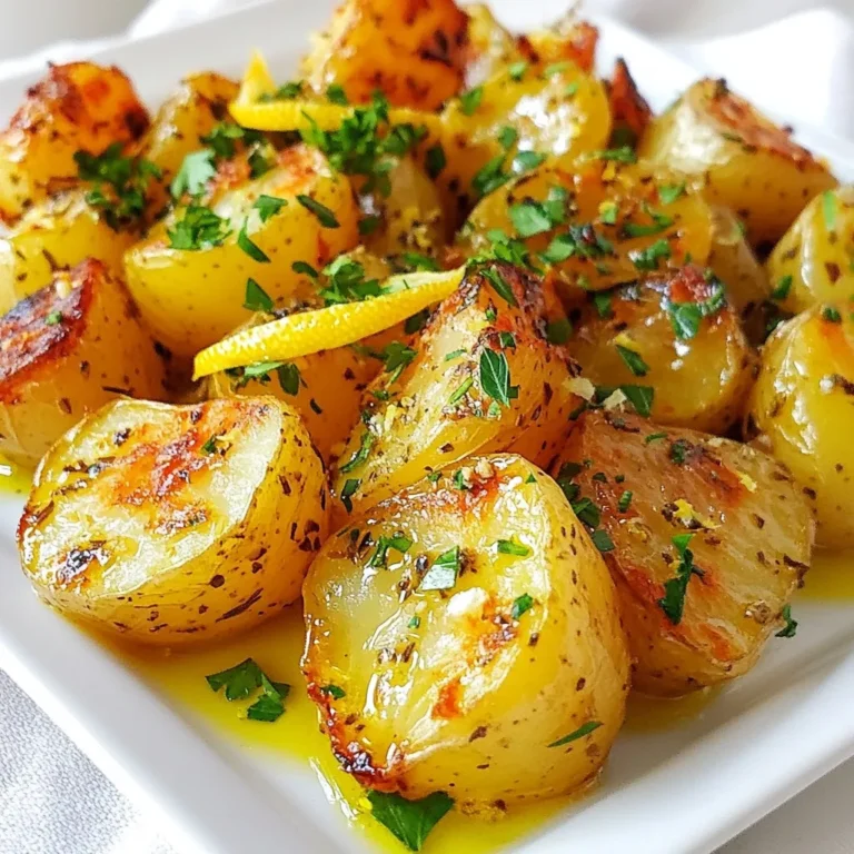 For Greek Lemon Potatoes, you will need: - 2 pounds baby Yukon gold potatoes, halved - 1/4 cup extra virgin olive oil - 1/4 cup freshly squeezed lemon juice (from about 2 medium lemons) - 1 tablespoon lemon zest - 4 cloves garlic, finely minced - 1 teaspoon dried oregano - 1 teaspoon sea salt - 1/2 teaspoon freshly ground black pepper Optional garnishing ingredients: - Fresh parsley, finely chopped If you can't find Yukon gold potatoes, you can use: - Red potatoes - Fingerling potatoes - Baby potatoes For oils and spices, consider these alternatives: - Use avocado oil instead of olive oil. - Try fresh herbs instead of dried oregano. - Swap lemon juice with lime juice for a twist. These swaps keep the dish tasty while allowing you to use what you have. {{ingredient_image_2}} 1. Preheating the oven: Start by setting your oven to 400°F (200°C). This hot temperature helps the potatoes roast perfectly. 2. Mixing the marinade: In a large bowl, add the following: - 1/4 cup Extra Virgin olive oil - 1/4 cup freshly squeezed lemon juice (from about 2 medium lemons) - 1 tablespoon lemon zest - 4 cloves garlic, finely minced - 1 teaspoon dried oregano - 1 teaspoon sea salt - 1/2 teaspoon freshly ground black pepper Whisk these ingredients together until they blend well. This mix will give your potatoes a bright, zesty flavor. 1. Coating the potatoes: Take 2 pounds of halved baby Yukon gold potatoes and add them to the bowl with your marinade. Toss them gently to coat each piece evenly. 2. Spacing in the baking dish: Pour the coated potatoes into a large baking dish. Spread them out in a single layer. This step is key for even cooking. If they are too close, they will steam instead of roast. 3. Tossing for even cooking: Drizzle any leftover marinade over the potatoes. Toss them halfway through the roasting time. This helps them get a nice golden brown color on all sides. 1. Cooling and garnishing tips: After roasting the potatoes for 40-50 minutes, they should be tender when pierced with a fork. Let them cool for about 5 minutes. This allows flavors to settle and enhances the taste. 2. Best practices for serving: Before serving, sprinkle freshly chopped parsley over the potatoes. This adds a burst of color and freshness. Serve them in a rustic bowl or on a platter. You can also add lemon wedges for an attractive touch. Fresh ingredients matter a lot in this dish. Use good-quality baby Yukon gold potatoes for the best taste. The lemon juice must be fresh too. It brings a bright zing that pairs well with garlic. For balancing flavors, I suggest tasting the marinade. Adjust salt and pepper to fit your preference. A little extra lemon zest adds a nice touch without overpowering. To get crispy edges, spread the potatoes in a single layer. This space allows hot air to circulate. Toss them halfway through roasting for even browning. For tender interiors, make sure to cut the potatoes in half. This helps them cook through without drying out. Cooking time depends on potato size. Baby Yukon gold potatoes take about 40-50 minutes. If using larger potatoes, cut them into smaller pieces to cook evenly. Your oven type matters too. Conventional ovens may require longer times than convection ovens. Always check for doneness with a fork to ensure they are tender. Pro Tips Use High-Quality Olive Oil: The flavor of your olive oil will greatly impact the dish. Opt for extra virgin olive oil for the best taste. Adjust Lemon Zest to Taste: If you love a stronger lemon flavor, feel free to add more lemon zest to enhance the citrusy notes. Even Cooking: Be sure to spread the potatoes out in a single layer in the baking dish to ensure they roast evenly and get that golden color. Let Them Rest: Allow the potatoes to sit for a few minutes after roasting. This helps them absorb the flavors of the marinade even more. {{image_4}} You can add more flavor by using other herbs. Fresh thyme or rosemary pairs well with lemon. Fresh herbs give a vibrant taste, while dried herbs are convenient. Both options work great. Try mixing them for a unique twist. Want to spice things up? Add paprika or cumin for a warm kick. You can also toss in other veggies, like bell peppers or onions, for a mixed roast. This adds color and nutrition to your dish. Just make sure to cut them to similar sizes for even cooking. If you want to make this dish vegan, simply skip the butter and use olive oil. This recipe is naturally gluten-free, so no worries there! For low-carb options, use cauliflower instead of potatoes. It absorbs the flavors well and offers a lighter touch. To keep your Greek lemon potatoes fresh, allow them to cool. Place them in an airtight container. Store them in the fridge for up to four days. If you want to keep them longer, freeze the potatoes. They will stay good in the freezer for up to three months. To reheat your potatoes, use the oven or a skillet. Preheat your oven to 350°F (175°C). Place the potatoes on a baking sheet and cover them with foil. Heat for about 15-20 minutes. This will help keep them crispy. If using a skillet, add a splash of oil and heat on low. Stir gently to avoid sogginess. Enjoy the vibrant flavors of your Greek lemon potatoes again! What are the origins of Greek lemon potatoes? Greek lemon potatoes come from Greece. They are a popular side dish. The bright flavors come from fresh lemons and herbs. This dish often appears in Greek homes and restaurants. It pairs well with many Greek meals, like grilled meat. Can I make these potatoes ahead of time? Yes, you can prepare these potatoes ahead of time. You can mix the marinade and coat the potatoes. Store them in the fridge for up to 24 hours. When you are ready, roast them in the oven. This makes meal prep easy and quick. How do I know when the potatoes are done? You know the potatoes are done when they are golden brown. Use a fork to check if they are tender. If a fork goes in easily, they are ready. The cooking time is usually 40 to 50 minutes. Toss them halfway for even cooking. Can I use other types of potatoes for this recipe? Yes, you can use other potatoes. Yukon golds work great, but russets or reds will do too. Just cut them into similar sizes for even cooking. The flavor may change slightly, but they will still taste good. What dishes pair well with Greek lemon potatoes? These potatoes go well with grilled chicken, lamb, or fish. They also match nicely with Greek salad or tzatziki sauce. Their zesty flavor adds a punch to any meal. How can I elevate the dish for special occasions? To elevate the dish, add feta cheese on top. You can also sprinkle some olives for extra flavor. Serve the potatoes in a beautiful bowl or on a fancy platter. This makes them look great for any special meal. Greek Lemon Potatoes are simple and tasty. We covered the main ingredients, key steps, and how to tweak the recipe to fit your needs. Using fresh herbs and spices makes a big difference in flavor. Remember, cooking times can change, so check your potatoes along the way. Enjoy serving these potatoes with your favorite dishes. Try different variations to keep things fun. Follow these tips, and you'll impress anyone at your table. Get ready to enjoy a delicious dish that brings joy to any meal.