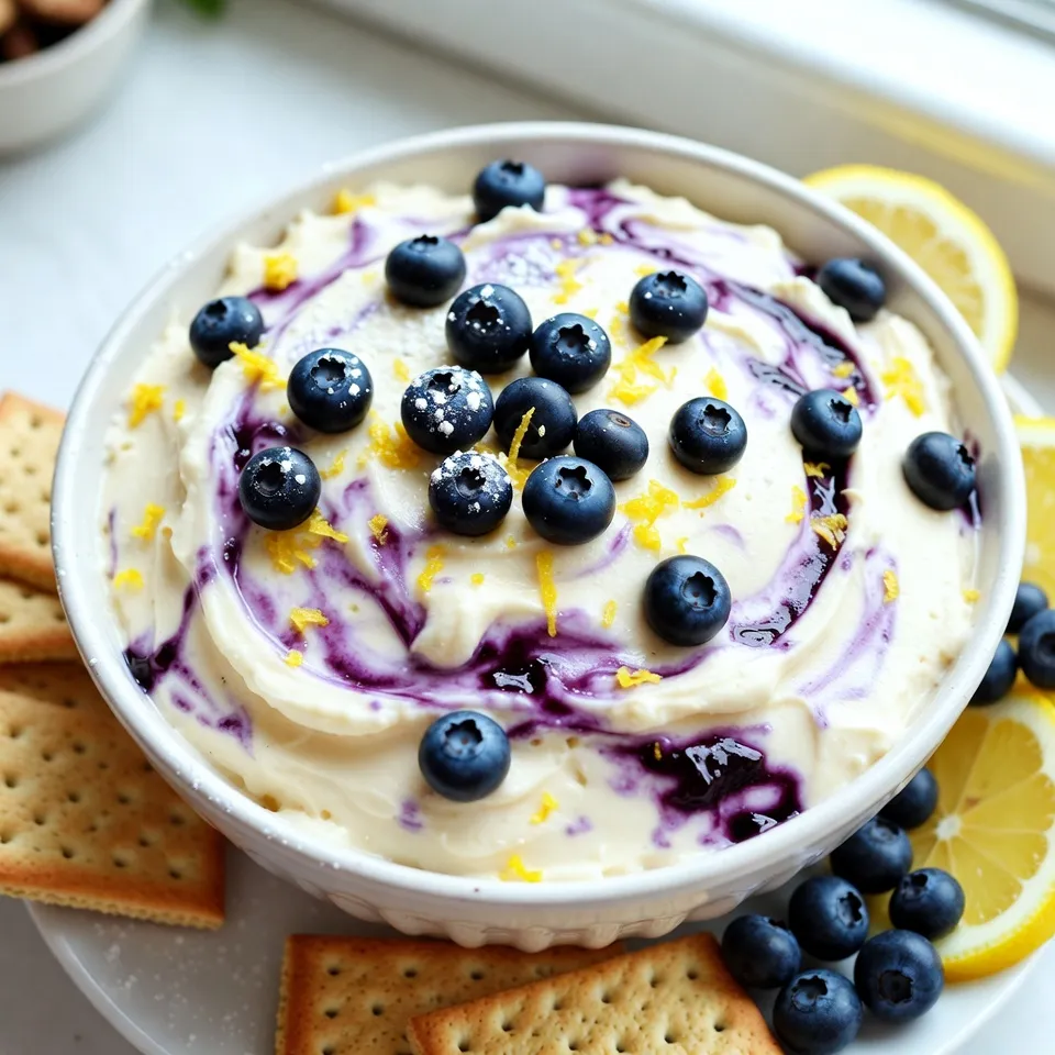 - 8 oz cream cheese, softened - 1/2 cup Greek yogurt or sour cream - 1/3 cup powdered sugar - 1 teaspoon pure vanilla extract - Zest and juice of 1 lemon - 1 cup fresh blueberries - 1/4 teaspoon fine sea salt For this Lemon Blueberry Cheesecake Dip, I love using cream cheese as the base. It gives a rich and smooth texture. I always soften the cream cheese first. This makes it easy to mix. Next, I add Greek yogurt or sour cream. Both add a nice tang that balances the sweet. The powdered sugar helps sweeten the dip without being too much. I never skip the vanilla extract. It adds depth and warmth. The lemon zest and juice bring bright and fresh flavors. You get that sunny taste in every bite. Fresh blueberries are key. They burst with flavor and sweetness. Save a few for garnish to make the dip look pretty. The fine sea salt balances out the sweetness. Just a little goes a long way. - Graham crackers - Assorted fruit slices - Pretzels When it comes to serving, I have a few favorites. Graham crackers are a classic choice. They give a nice crunch and sweetness. Assorted fruit slices are great too. Apples, strawberries, or bananas work well. They add color and freshness to the table. Pretzels offer a fun twist. Their saltiness contrasts the sweet dip perfectly. Mix and match these dippers for a fun and tasty experience! {{ingredient_image_2}} First, take 8 ounces of softened cream cheese and place it in a large bowl. Next, add 1/2 cup of Greek yogurt or sour cream, depending on your taste. Use a hand mixer on medium speed. Beat the mixture until it is smooth and creamy. Make sure there are no lumps. Then, add 1 teaspoon of pure vanilla extract. Follow this with the zest of 1 lemon and 2 tablespoons of freshly squeezed lemon juice. Finally, sprinkle in 1/4 teaspoon of fine sea salt. Mix everything until fully combined. You want a uniform, creamy base. Now, gently fold in 1 cup of fresh blueberries. Be careful not to crush them. This helps keep their shape and adds lovely bursts of flavor. Save a few blueberries for later. These will be used for garnish. Next, it's time to make your dip look great. Transfer the dip into a nice serving bowl. Use a spatula to create soft swirls on the surface. This gives it a nice marbled look. For the final touch, garnish the dip with the saved blueberries. Add a sprinkle of lemon zest for extra zing and a dusting of powdered sugar for a sweet finish. Serve it with graham crackers, fresh fruit slices, or crunchy pretzels. This makes for a fun and tasty experience! To get the best texture for your dip, always start with room temperature ingredients. This helps blend the cream cheese and yogurt smoothly. Cold ingredients can cause lumps. When you mix in the blueberries, be gentle. Over-mixing can break them and turn your dip purple. You want those beautiful blue specks to shine. If you like a sweeter dip, add more powdered sugar. Start with a tablespoon and mix. Taste it before adding more. You can also play with other citrus fruits. Try orange or lime juice for a different vibe. Each adds a unique twist that can brighten the flavor. Swirling the dip creates a lovely pattern. Use a spatula to gently mix, but don’t overdo it. This gives your dip a professional look. For serving, choose a colorful bowl that fits your table. A nice bowl makes the dip even more inviting. You can also place the dip on a platter with dippables around it for a fun display. Pro Tips Mixing Technique: Use a hand mixer on medium speed to ensure a smooth and creamy texture, avoiding lumps for the perfect dip consistency. Blueberry Preservation: Gently fold in the fresh blueberries to maintain their shape and prevent them from breaking apart in the dip. Garnishing Tips: For an elegant presentation, reserve some blueberries, add a sprinkle of lemon zest, and dust with powdered sugar before serving. Serving Suggestions: Present the dip on a colorful platter surrounded by graham crackers, fresh fruit slices, or crunchy pretzels for an inviting and shareable display. {{image_4}} You can switch up the fruit in this dip. Instead of blueberries, try strawberries or raspberries. Both add a lovely color and taste. If you want a tropical vibe, use mango or pineapple. These fruits will give your dip a fun twist. For a lighter version, use low-fat cream cheese. This change cuts some calories but keeps the creaminess. You can also replace powdered sugar with honey or agave syrup. These options add sweetness without the extra sugar. Add fresh herbs like mint for a unique flavor. Mint brings a refreshing taste that pairs well with lemon. You can also experiment with flavored Greek yogurt. Options like vanilla or coconut will change the dip's profile and make it even more exciting. To keep your Lemon Blueberry Cheesecake Dip fresh, store leftovers in an airtight container. This helps to lock in moisture and flavor. I recommend consuming it within 3 to 5 days for the best taste. If you notice any change in texture or smell, it’s best to toss it. Yes, you can freeze this dip! Just pour it into a freezer-safe container. Leave some space at the top for expansion. When you’re ready to enjoy it again, defrost it in the fridge overnight. This keeps the dip smooth and creamy. Avoid microwaving it, as that can change the texture. Always stir it well after defrosting to bring it back to life! You can serve this dip with: - Graham crackers - Assorted fruit slices - Crunchy pretzels These dippables add nice textures and flavors to the creamy dip. Graham crackers bring a sweet crunch. Fresh fruit slices offer a juicy bite. Pretzels give a salty contrast that balances the sweetness. Yes, you can make this dip ahead of time. Prepare it up to two days in advance. Just store it in an airtight container in the fridge. This helps the flavors blend well. When ready to serve, add your garnishes for a fresh look. Yes, you can make a vegan version. Use plant-based cream cheese and dairy-free yogurt. Replace powdered sugar with a vegan sweetener. This way, you keep the flavor and texture without animal products. To adjust the sweetness, simply add more powdered sugar. Start with one tablespoon at a time. Mix well and taste until you reach your desired level. You can also use honey or agave for a different sweetness. You can use frozen blueberries, but there are some tips. Thaw them first and drain excess liquid. This helps avoid a watery dip. Keep in mind that frozen blueberries may break apart more easily. This can change the dip’s texture slightly, but it will still taste great! This blog post covered all the key elements of making a tasty Lemon Blueberry Cheesecake Dip. We explored the main ingredients, step-by-step instructions, and helpful tips for the perfect dip. You can serve it with graham crackers or fresh fruits. Feel free to try variations for a fun twist. Remember to store any leftovers properly. Enjoy this dip at your next gathering or as a sweet treat at home!
