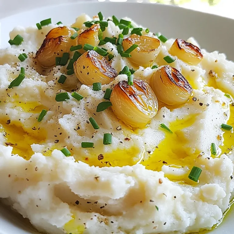 To make the Roasted Garlic Mashed Cauliflower, you need these simple ingredients: - 1 large head of cauliflower, cut into bite-sized florets - 6 garlic cloves, left unpeeled for roasting - 3 tablespoons extra virgin olive oil - 1/4 cup unsweetened almond milk - 2 tablespoons unsalted butter - Salt and black pepper - Fresh chives or parsley, finely chopped, for garnish Each ingredient plays a key role in making this dish creamy and full of flavor. The cauliflower serves as a low-carb base, while the roasted garlic adds a rich, sweet taste. Extra virgin olive oil and butter give it a smooth texture, and the almond milk helps create a creamy consistency. Don’t forget the salt and pepper to bring out all the flavors. Fresh herbs like chives or parsley add a nice touch and make the dish beautiful. Gather these ingredients, and you’re ready to create a delicious side dish that everyone will love! {{ingredient_image_2}} Start by preheating your oven to 400°F (200°C). This high heat helps the cauliflower and garlic roast nicely. Make sure the oven is fully heated before you put your baking sheet inside. This step is key for achieving that perfect golden-brown color. Grab a large baking sheet and spread your cauliflower florets and unpeeled garlic cloves evenly. Drizzle 2 tablespoons of extra virgin olive oil on top. Toss everything to coat well. Place the baking sheet in the oven and roast for 25-30 minutes. Halfway through, flip the florets for even cooking. You want the cauliflower to be tender and the garlic to turn golden brown. After roasting, let the vegetables cool for a couple of minutes. Squeeze the soft garlic from its skins into a mixing bowl. Add the tender cauliflower florets to the bowl. Next, pour in 1/4 cup of almond milk, the last tablespoon of olive oil, and 2 tablespoons of unsalted butter. Use a potato masher or an immersion blender to mash the mixture until it’s smooth and creamy. If you want a thinner mix, add more almond milk slowly. Finally, season the mash with salt and freshly ground black pepper to taste. Adjust the seasoning to your liking. To get the best texture for your mashed cauliflower, consider how much almond milk you add. Start with 1/4 cup and mix it in. If it feels too thick, add more milk a little at a time. This helps you find that creamy texture you want. For mashing, you can use either a potato masher or an immersion blender. A potato masher gives you more control and a chunkier texture. An immersion blender makes it super smooth and creamy. Choose based on your taste! You can easily boost the flavor of your mashed cauliflower by adding herbs and spices. Try mixing in garlic powder, onion powder, or even a pinch of nutmeg. Fresh herbs like thyme or rosemary also work wonders. For garnishes, fresh chives or parsley add color and taste. You can also sprinkle a bit of paprika on top for a nice pop. Get creative with what you have! How you serve your dish can make it even more appealing. For a fun look, use a large spoon to create swirls in the mashed cauliflower. This adds a touch of elegance. Think about your dish choice too. Bowls can keep the mash warm and cozy, while plates show off the color better. Try both to see what you like best! Pro Tips Use Fresh Cauliflower: For the best flavor and texture, select a fresh head of cauliflower that feels firm and has tightly packed florets. Roast Garlic for Depth: Roasting garlic enhances its sweetness and mellows its sharpness, adding a rich depth of flavor to the mashed cauliflower. Adjust Creaminess: Depending on your preference, feel free to adjust the amount of almond milk to achieve your desired consistency, making it creamier or thicker. Garnish for Presentation: A sprinkle of fresh herbs like chives or parsley not only adds color but also elevates the dish’s flavor profile, making it visually appealing. {{image_4}} To make this dish dairy-free, you can swap out regular butter for vegan butter. This simple change keeps the creamy texture while using plant-based ingredients. You can choose from many vegan butters, made from oils or coconut. These options provide a rich flavor and ensure that you still enjoy a satisfying dish. You can get creative by adding cheese or cream alternatives. For a cheesy taste, mix in nutritional yeast or vegan cheese. If you want a richer flavor, consider adding a splash of coconut cream. You can also include other vegetables to make it even more interesting. Think about adding steamed carrots or spinach for added color and nutrients. Experimenting with herbs and spices can bring new life to your mashed cauliflower. Here are some great ideas: - Add garlic powder for a stronger garlic flavor. - Toss in fresh herbs like thyme or rosemary for a fragrant twist. - Try smoked paprika to give it a slight kick. - Season with lemon zest to brighten the flavor. These small changes can make your roasted garlic mashed cauliflower even more delicious. Enjoy trying out different combinations! Store your roasted garlic mashed cauliflower in an airtight container. This keeps it fresh and tasty. Make sure it cools down before sealing. It can last in the fridge for about 3 to 5 days. Always check for any signs of spoilage before eating. You can freeze mashed cauliflower for later use. Portion it into freezer-safe bags or containers. Squeeze out as much air as possible to prevent freezer burn. Label each bag with the date. It can stay good in the freezer for up to 3 months. When you are ready to eat, just thaw it in the fridge overnight. To reheat, the microwave works well. Place the mashed cauliflower in a bowl and cover it. Heat it in short bursts, stirring in between. If it looks too thick, add a splash of almond milk to restore creaminess. You can also reheat it on the stove. Just warm it on low heat, stirring often until hot. This keeps the texture smooth and nice. To roast garlic, start by preheating your oven to 400°F (200°C). Take six unpeeled garlic cloves and place them on a baking sheet. Drizzle them with a little olive oil to coat them. Roast for about 25-30 minutes until they turn golden brown and soft. After roasting, let them cool slightly. Squeeze the soft garlic out of the skins and add it to your mashed cauliflower. This process adds a rich, sweet flavor that enhances the dish. Yes, you can use frozen cauliflower. It saves time and effort. However, frozen cauliflower may have more water than fresh. This can make your mash a bit watery if not drained well. To use frozen, steam it first to remove excess moisture. Then, follow the same steps for mashing. It’s a great option if you want a quick meal. Mashed cauliflower is very healthy. Cauliflower has fewer calories and carbs than potatoes. It is high in fiber and vitamins C and K. This veggie also provides antioxidants that can boost your health. Swapping potatoes for cauliflower in your diet can help you feel full while consuming fewer calories. This blog post covered how to make creamy mashed cauliflower. We explored key ingredients, easy steps, and helpful tips. You learned various ways to modify the recipe, ensuring it fits your taste and dietary needs. Remember, storing and reheating properly keeps the flavor intact. Don't hesitate to experiment with herbs and spices for extra flair. Enjoy this healthy alternative to mashed potatoes, and have fun making it your own!