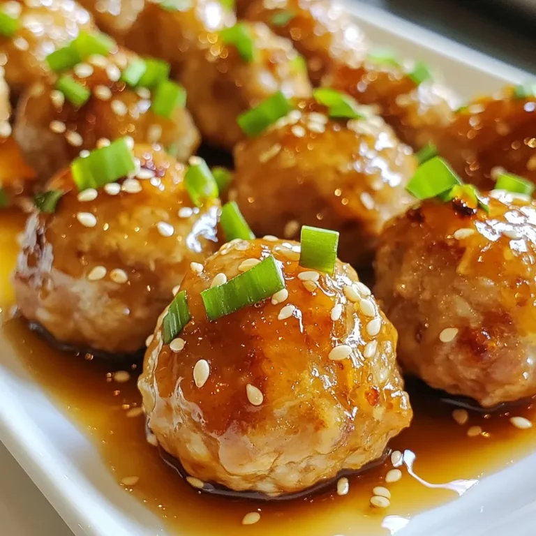 To make honey garlic chicken meatballs, gather these key items: - 1 pound ground chicken - 1/4 cup breadcrumbs - 1/4 cup grated Parmesan cheese - 1/4 cup minced green onions (plus extra for garnish) - 2 cloves garlic, minced - 1 large egg - 1 teaspoon salt - 1/2 teaspoon black pepper - 1/4 teaspoon red pepper flakes (optional) - 1/2 cup honey - 1/4 cup low sodium soy sauce - 1 tablespoon apple cider vinegar - 1 tablespoon sesame oil These ingredients combine to create juicy and tasty meatballs. For a twist, try these optional ingredients: - 1/4 teaspoon ginger, minced - 1 tablespoon fresh cilantro, chopped - 1 tablespoon sesame seeds (for mixing) Adding these elements can enhance your meatballs and bring new flavors. To make your dish pop, use these garnishes: - Sesame seeds - Extra green onions, sliced Garnishing adds a nice look and a fresh taste to your honey garlic chicken meatballs. {{ingredient_image_2}} Start by preheating your oven to 400°F (200°C). This step is key. It helps the meatballs cook evenly and get that nice golden color. Line a baking sheet with parchment paper. This makes for easy cleanup later. In a large bowl, combine the following ingredients: - 1 pound ground chicken - 1/4 cup breadcrumbs - 1/4 cup grated Parmesan cheese - 1/4 cup minced green onions - 2 cloves garlic, minced - 1 large egg - 1 teaspoon salt - 1/2 teaspoon black pepper - 1/4 teaspoon red pepper flakes (optional) Use your hands or a spoon to mix everything well. Make sure it’s all combined nicely. This ensures that each meatball has great flavor. Now, take portions of the mixture and roll them into balls. Aim for about 1 inch in diameter. Place them on the baking sheet. Make sure to space them apart. This helps them cook evenly. Bake for 20-25 minutes. They should turn golden brown and be fully cooked when they reach 165°F (74°C). While the meatballs bake, let’s make the sauce. In a small saucepan over medium heat, mix: - 1/2 cup honey - 1/4 cup low sodium soy sauce - 1 tablespoon apple cider vinegar - 1 tablespoon sesame oil Heat this until it simmers. Cook for about 5 minutes. Stir occasionally to keep the sauce smooth. It will thicken slightly as it cooks. Once the meatballs are done, transfer them to a large mixing bowl. Pour the warm honey garlic sauce over them. Gently toss to coat each meatball evenly. Let the meatballs rest for a few minutes. This lets them soak up all the tasty sauce. Serve them hot, garnished with sesame seeds and sliced green onions. Enjoy every bite! To get great meatballs, mix the ground chicken gently. Overmixing makes them tough. Use breadcrumbs for a light texture. The egg helps bind the meatballs together. Aim for about one inch in size for even cooking. This size allows them to stay juicy inside while browning nicely outside. If you want a healthier twist, use ground turkey instead of chicken. You can swap breadcrumbs for oats or almond flour. This change adds fiber and lowers carbs. For a dairy-free option, try nutritional yeast in place of Parmesan cheese. You can also use low-sugar honey or sugar-free syrup in the sauce. If your meatballs fall apart, check your mixture. You may need more egg or breadcrumbs. If they seem dry, add a splash of broth or olive oil. For an overly salty taste, balance it with extra honey in the sauce. If they burn, lower the oven temperature and keep an eye on them. Pro Tips Use Fresh Ingredients: Always use fresh garlic and green onions for a more vibrant flavor in your meatballs. Mix Gently: When combining the meatball ingredients, mix gently to avoid overworking the chicken, which can lead to tough meatballs. Check the Temperature: Use a meat thermometer to ensure the meatballs reach an internal temperature of 165°F (74°C) for fully cooked chicken. Let Them Rest: Allow the meatballs to rest after coating them in sauce for a few minutes to enhance the flavor absorption. {{image_4}} You can switch up the protein in these meatballs. Ground turkey works great. It gives a lighter taste. If you want something richer, try ground beef. For a veggie option, use lentils or chickpeas. Just mash them well and bind with breadcrumbs and egg. The honey garlic sauce is sweet and savory. But you can change the flavor. For a spicy kick, add more red pepper flakes. You can also mix in some ginger for warmth. If you like tangy flavors, try adding lime juice. This will give the sauce a fresh twist. These meatballs shine on their own. But they pair well with sides. Serve them over rice or noodles for a full meal. You can also add a fresh salad to balance the dish. For a fun twist, make sliders with small buns. Garnish with extra green onions and sesame seeds for a pop of color. After enjoying your honey garlic chicken meatballs, you may have some left. To store them, let them cool first. Place the meatballs in an airtight container. This keeps them fresh for up to three days in the fridge. If you used the honey garlic sauce, keep it separate to avoid sogginess. When you’re ready to eat the leftovers, reheating is easy. You can use a microwave or oven. For the microwave, place the meatballs on a plate. Heat for about 1-2 minutes, checking if they are warm. If using an oven, preheat it to 350°F (175°C). Bake the meatballs for 10-15 minutes. This warms them up and keeps them juicy. Freezing is a great way to save time. To freeze, let the meatballs cool completely. Arrange them on a baking sheet in a single layer. Freeze for about 1-2 hours until firm. Then, place them in a freezer bag or container. They can last up to three months in the freezer. When you want to eat them, thaw in the fridge overnight before reheating. Yes, you can make these meatballs ahead of time. Simply prepare the meatballs and store them in the fridge. They stay fresh for up to two days. You can also freeze them. Wrap each meatball in plastic wrap and place them in a freezer bag. They can last up to three months in the freezer. When you’re ready, just bake them from frozen or let them thaw in the fridge overnight. If you want a different meat, you can use ground turkey or ground pork. Both options work well. You can even try ground beef for a richer taste. For a lighter option, you can use ground tofu for a vegetarian twist. Just make sure to adjust seasoning to fit the new meat. You can tell the meatballs are done when they turn golden brown. The best way is to check the internal temperature. Use a meat thermometer and look for 165°F (74°C). If you don’t have a thermometer, cut one meatball in half. The inside should be no longer pink, and the juices should run clear. Yes, a slow cooker works great for these meatballs. After you mix and shape the meatballs, place them in the slow cooker. Pour the honey garlic sauce over them. Set the cooker on low for about 4 hours or on high for 2 hours. This method makes the meatballs super tender and full of flavor. To make honey garlic chicken meatballs, you need simple ingredients and steps. We explored key ingredients and tasty options for flavor. You learned how to mix, form, and bake meatballs. We discussed tips for the best texture and how to store leftovers. Now, you can serve these delicious meatballs in many ways. Enjoy experimenting with different proteins and sauces. Keep the recipe handy for a quick, fun meal. Your kitchen will shine with these tasty delights!