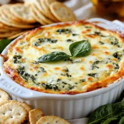- 2 cups fresh spinach, finely chopped - 1 cup cream cheese, softened to room temperature - &frac12; cup sour cream - 1 cup finely grated Parmesan cheese - &frac12; cup shredded mozzarella cheese - 2 cloves garlic, minced - 1 tablespoon olive oil - &frac12; teaspoon red pepper flakes (optional) - Salt and freshly ground pepper to taste For cream cheese, I suggest using Philadelphia or any good quality brand. Look for fresh Parmesan cheese that you can grate yourself. This adds a richer taste. For mozzarella, I like to use part-skim. It melts well and gives a nice stretch. You can swap the cream cheese for Greek yogurt for a lighter dip. If you don&rsquo;t have sour cream, use plain yogurt instead. For the cheeses, try using Gouda or cheddar if you want a twist. Spinach can be replaced with kale for a different flavor. If red pepper flakes are too spicy, feel free to leave them out. {{ingredient_image_2}} To start, gather all your ingredients. You will need: - 2 cups fresh spinach, finely chopped - 1 cup cream cheese, softened - &frac12; cup sour cream - 1 cup finely grated Parmesan cheese - &frac12; cup shredded mozzarella cheese - 2 cloves garlic, minced - 1 tablespoon olive oil - &frac12; teaspoon red pepper flakes (optional) - Salt and freshly ground pepper to taste Make sure the cream cheese is soft. This helps the dip mix well. 1. In a large skillet, heat the olive oil over medium heat. 2. Once the oil shimmers, add the minced garlic. Saut&eacute; for 1 minute. Stir often. You want the garlic fragrant but not brown. 3. Next, add the chopped spinach. Cook for 3-4 minutes. Stir occasionally until the spinach wilts. 4. Remove the skillet from heat and let it cool slightly. 5. In a mixing bowl, combine the cream cheese, sour cream, and grated Parmesan. Mix until smooth. 6. Gently fold in the saut&eacute;ed spinach and garlic mixture. 7. Mix in the shredded mozzarella cheese and red pepper flakes if you like a kick. Season with salt and pepper. 8. Transfer the creamy mixture to a greased baking dish. Smooth the top with a spatula. 9. Preheat your oven to 375&deg;F (190&deg;C). 10. Once heated, bake the dip for 20-25 minutes. Look for a golden, bubbly top. 11. After baking, let it cool for 5 minutes before serving warm. This dip is perfect for parties. Enjoy it with crunchy crackers, baguette slices, or fresh veggies! For a smooth dip, start with room temperature cream cheese. Cold cream cheese is hard to blend. Mix the cream cheese, sour cream, and Parmesan until smooth. Use a hand mixer for best results. Fold in the spinach gently. This keeps the dip light and creamy. Taste as you go. Start with a pinch of salt. Add black pepper for warmth. The red pepper flakes are optional but add a nice kick. Balance the flavors by adjusting the salt and pepper. Freshly ground pepper is best for a bright flavor. Serve the dip warm for the best taste. It should be bubbly and golden on top. If it cools, the texture changes. You can reheat it in the oven. Just bake at 350&deg;F (175&deg;C) until warm. Enjoy it fresh out of the oven with crackers or veggies. Pro Tips Choose Fresh Spinach: Always opt for fresh spinach over frozen for a vibrant color and better texture in your dip. Adjust the Cheese: Feel free to mix in other cheeses like cream cheese or cheddar for a unique flavor twist. Serve Warm: This dip is best enjoyed warm, so make sure to serve it immediately after baking for the creamiest texture. Perfect Pairings: Pair this dip with a variety of dippers like pita chips, crusty bread, or fresh vegetables to enhance the tasting experience. {{image_4}} You can switch up the cheese in your dip. Try Gouda for a smoky taste. Use cream cheese and cheddar for a rich flavor. Mixing feta adds a tangy twist that pairs well with spinach. Each cheese gives a new spin on the classic dip, so feel free to experiment. Want to add more flavor? Fresh herbs work wonders. Chopped basil or parsley brightens the dip. For a kick, add some cayenne pepper or smoked paprika. You can also mix in chopped sun-dried tomatoes for a sweet touch. Each of these adds depth and makes your dip unique. Baked dip is a crowd-pleaser, but cold dip has its charm too. Serve it cold with fresh veggies for a crunchy snack. If you bake it, let it cool a bit before serving. This allows the flavors to settle. Pair it with crusty bread or tortilla chips for fun. Each way brings a new vibe to your gathering. After enjoying your creamy spinach parmesan dip, let it cool first. Once it cools, transfer it to an airtight container. Make sure to seal it tightly. Store it in the fridge. It will last for about 3-4 days. Keep an eye on it to ensure freshness. You can freeze this dip for later use. To do this, place the cooled dip in a freezer-safe container. Leave some space at the top for expansion. Label the container with the date. It can stay frozen for up to 3 months. When you want to eat it, just thaw it in the fridge overnight. To reheat the dip, you can use the oven or microwave. If using an oven, preheat it to 350&deg;F (175&deg;C). Transfer the dip to a baking dish and cover it with foil. Bake for about 15-20 minutes or until it&rsquo;s heated through. If using a microwave, heat it in short bursts of 30 seconds. Stir in between to avoid hot spots. Enjoy the warm, creamy goodness! The dip will last about 3 to 5 days in the fridge. Store it in an airtight container. This keeps it fresh and safe to eat. If you notice any change in smell or color, it's best to throw it away. Yes, you can make the dip ahead of time. Prepare it a day before your party. Just cover it and keep it in the fridge. When you&rsquo;re ready, bake it as directed. This lets the flavors blend well, making it even tastier! You can serve this dip with many tasty options. Here are some ideas: - Crunchy crackers - Thinly sliced baguette - Fresh vegetable sticks like carrots or celery - Pita chips - Toasted bread rounds These sides add fun and flavor to your dip experience! This blog post covered all you need for a great spinach parmesan dip. We discussed key ingredients, brands, and helpful substitutions. Next, I provided a step-by-step guide for easy preparation and cooking. You also learned tips for a creamy texture and best serving practices. We explored tasty variations like different cheese combos and herbs. Finally, I shared storage tips and answers to common questions. Enjoy making and sharing your delicious dip. The right ingredients and techniques make all the difference!