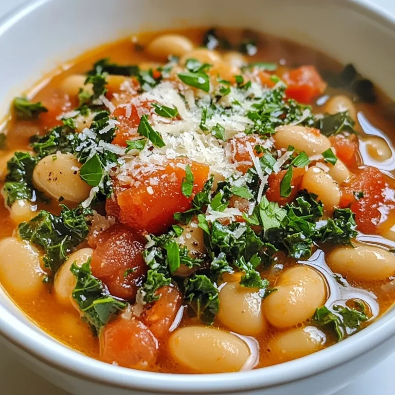 - 1 tablespoon extra virgin olive oil - 1 medium yellow onion, finely diced - 2 cloves garlic, minced - 2 medium carrots, peeled and diced - 2 celery stalks, washed and diced - 1 teaspoon dried rosemary, crushed - 1 teaspoon dried thyme - 1 can (15 oz) cannellini beans, thoroughly drained and rinsed - 4 cups rich vegetable broth - 1 can (14 oz) diced tomatoes with juices - 2 cups fresh kale, stems removed and chopped - Sea salt and freshly cracked black pepper to taste - Fresh parsley, finely chopped (for garnish) - Grated Parmesan cheese (optional, for serving) To make a great Tuscan white bean soup, gather your ingredients first. The extra virgin olive oil adds a rich flavor. The onion, garlic, carrots, and celery create a strong base. Cannellini beans bring creaminess and protein. Vegetable broth adds depth. Diced tomatoes lend sweetness and acidity. Fresh kale gives the soup a nice crunch and color. Finally, seasonings like rosemary and thyme provide a warm aroma. You can garnish with parsley or cheese for extra flair. Each ingredient plays a role in this hearty dish. {{ingredient_image_2}} - Sautéing the onions and garlic Start by heating 1 tablespoon of extra virgin olive oil in a large pot over medium heat. Watch the oil shimmer. Then, add 1 medium yellow onion, finely diced. Sauté for about 5 minutes. You want the onion to turn translucent and soft. This creates a great base for your soup. - Adding carrots and celery Next, toss in 2 cloves of minced garlic, 2 medium diced carrots, and 2 diced celery stalks. Stir everything well. Cook this mixture for another 5 minutes. The goal is to make the vegetables tender and vibrant. This step adds depth to your soup. - Infusing flavors with herbs Now, sprinkle in 1 teaspoon of crushed dried rosemary and 1 teaspoon of dried thyme. Stir to combine. Cook for another minute. This allows the oils from the herbs to mix with the vegetables. You’ll notice a wonderful aroma at this point. - Combining main ingredients Carefully add 1 can (15 oz) of rinsed cannellini beans, 4 cups of rich vegetable broth, and 1 can (14 oz) of diced tomatoes with their juices into the pot. Bring this mix to a vigorous boil. - Simmering for flavor development Once boiling, reduce the heat to let it simmer gently. Simmer for about 20 minutes. This step is crucial because it allows the flavors to develop and meld together. You’ll build a rich, hearty soup here. - Final touches with kale and seasoning Stir in 2 cups of chopped fresh kale. Continue cooking for 5 more minutes. The kale should turn bright green and tender. Finally, season with sea salt and freshly cracked black pepper to taste. This enhances the flavor of your soup. Now you are ready to serve this delicious Tuscan White Bean Soup! To make your Tuscan White Bean Soup shine, focus on flavor. Start with fresh herbs like rosemary and thyme. They add depth and aroma. After adding them, cook for a minute. This step helps release their oils into the soup. Timing is key for soft vegetables. Sauté the onion, garlic, carrots, and celery until tender. Aim for about ten minutes total. This ensures they blend well with the beans. You don’t need fancy tools, but a sturdy pot is a must. A large pot helps everything cook evenly. A good knife will help you chop vegetables quickly and safely. This soup pairs well with crusty bread. Serve it warm for a comforting meal. A sprinkle of fresh parsley adds a nice touch. If you like cheese, add grated Parmesan on top. For a beautiful meal, use rustic bowls. Place the soup in each bowl, then add a sprig of parsley. This simple touch makes the dish look inviting. Enjoy it with your favorite salad for a complete dinner. Pro Tips Enhance Flavor Depth: Consider adding a splash of balsamic vinegar or a squeeze of lemon juice just before serving to brighten the flavors of the soup. Texture Variation: For a creamier texture, blend a portion of the soup with an immersion blender before adding the kale, then stir in the whole beans for added texture. Ingredient Substitutions: Feel free to swap in other greens like spinach or Swiss chard if kale isn't available, or use other types of beans for variety. Meal Prep Friendly: This soup keeps well in the refrigerator for up to 4 days, making it perfect for meal prep. Just reheat gently on the stove before serving. {{image_4}} You can change the beans in this soup. Try using navy beans or chickpeas instead of cannellini beans. Both options add a nice texture and flavor. If you don't have fresh kale, spinach works too. It's tender and adds nutrients. You can also swap in other veggies like zucchini or bell peppers for a twist. For the broth, I love using rich vegetable broth, but chicken broth is great too. It gives a deeper flavor. If you want a lighter soup, use water or low-sodium broth. Just taste it as you go. If you want to make this soup vegan, it’s easy! Just use vegetable broth. Skip the Parmesan cheese, or use a vegan cheese. For gluten-free options, ensure your broth and any seasonings are gluten-free. Most are, but check the labels to be safe. If you're watching your sodium, you can use low-sodium broth. This will help keep the soup tasty without too much salt. Always taste before adding more salt. You might not need it! To keep your Tuscan White Bean Soup fresh, use airtight containers. Glass containers work well because they do not stain. You can also use BPA-free plastic containers. Make sure to cool the soup first before sealing it. Store leftovers in the fridge for up to five days. If you have more soup than you can eat, freezing is a great option. When reheating, I recommend using the stove. Pour the soup into a pot and heat over low to medium heat. Stir often to avoid sticking. If you want to use a microwave, place the soup in a microwave-safe bowl. Heat it in short bursts, stirring in between. This helps keep the flavors intact. If you freeze the soup, it lasts for about three months. To thaw, place it in the fridge overnight. Then, reheat as mentioned above. Enjoy every spoonful! How long does Tuscan White Bean Soup last? Tuscan White Bean Soup lasts about 3 to 4 days in the fridge. Store it in an airtight container for the best results. Can I make this soup ahead of time? Yes, you can make this soup a day or two before serving. The flavors will deepen as it sits. Just reheat it on the stove when you're ready to enjoy. What can I use instead of cannellini beans? You can use great northern beans or navy beans instead of cannellini beans. Both options will work well in this soup. Is Tuscan White Bean Soup suitable for freezing? Yes, this soup freezes well. Just let it cool completely, then store it in freezer-safe containers. It can last up to 3 months in the freezer. Can I add meat to this soup? Absolutely! You can add cooked sausage or diced chicken for added protein. Just make sure to adjust cooking times as needed. What are some variations of Tuscan White Bean Soup? You can add different vegetables like zucchini or bell peppers. For a spicy kick, try adding red pepper flakes or diced jalapeños. This blog post covered all the ingredients and steps for a delicious Tuscan White Bean Soup. You learned how to prepare, cook, and serve it perfectly. The tips and tricks section gave you insights for enhancing flavors and timing for the best texture. I shared variations and dietary adjustments to suit your needs. Remember to store leftovers properly for lasting flavor. Whether you enjoy it straight or with a twist, this soup warms the heart. Dive in and make it your own!