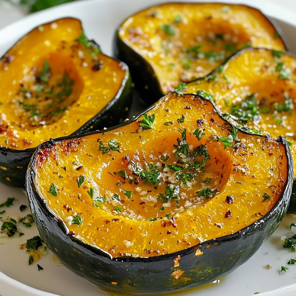 To make Garlic Herb Roasted Acorn Squash, you need simple and fresh items. Here’s a list of what you'll need: - 2 medium acorn squashes - 4 cloves garlic - 3 tablespoons extra virgin olive oil - 1 teaspoon dried thyme - 1 teaspoon dried rosemary - 1 teaspoon smoked paprika - Sea salt & freshly ground black pepper - 2 tablespoons fresh parsley (for garnish) Choosing good ingredients makes all the difference. Look for bright, firm acorn squashes. Fresh garlic and good olive oil enhance flavor. Dried herbs should smell fragrant. Always use fresh parsley for garnish; it adds color and taste. Prepare everything before you start cooking. This ensures a smooth cooking process. {{ingredient_image_2}} Set your oven to 400°F (200°C). This heat helps the squash cook evenly and develop great flavor. In a small bowl, mix 4 cloves of minced garlic with 3 tablespoons of olive oil. Add 1 teaspoon each of dried thyme, dried rosemary, and smoked paprika. Sprinkle in some sea salt and black pepper. Stir until you have a fragrant paste. Line a baking sheet with parchment paper. Place the halved acorn squashes on it, cut side up. Use a brush or your fingers to coat the insides with the herb mixture. Make sure to reach the edges for full flavor. Flip the squash halves over so the cut sides are down. Roast them in the oven for about 25 to 30 minutes. Check if the flesh is fork-tender. This means they are ready for the next step. Carefully take the baking sheet out of the oven. Be careful of the hot steam. Now, flip the squash halves back to have the cut sides facing up. Put the squash back in the oven. Roast for an additional 10 to 15 minutes. Look for a nice caramelization and golden brown color inside. This adds rich flavor. Once done, take the squash out of the oven. Sprinkle chopped parsley on top for color and freshness. You can serve it on a vibrant platter with some extra olive oil and sea salt. Enjoy your tasty dish! When you pick acorn squash, look for smooth skin. The skin should be dark green with a few orange spots. This means it’s ripe and sweet. Feel the squash; it should feel heavy for its size. A heavy squash has more flesh inside. Avoid any with soft spots or blemishes. To make the flavor pop, try adding more spices. For a kick, use some cayenne pepper. If you like herbs, fresh sage or oregano works well. You can also sprinkle some brown sugar for sweetness. This mix of flavors makes the squash even better. Do not rush the roasting step. It is key for soft and sweet squash. Make sure to coat the inside well with the garlic mixture. If you skip this, the squash may taste bland. Always flip the squash halfway through to ensure even cooking. Use oven mitts when handling hot trays to avoid burns. This dish is simple, and with these tips, you will shine in the kitchen! Pro Tips Choose Ripe Squash: Look for acorn squashes that are firm and have a deep green color with a few orange spots, indicating ripeness and sweetness. Don't Skip the Garnish: Fresh parsley not only adds color but also a burst of freshness that complements the roasted flavors beautifully. Experiment with Spices: Feel free to adjust the spices used in the herb mixture; try adding a pinch of cayenne for heat or a dash of cinnamon for warmth. Storage Tips: Leftover roasted squash can be stored in an airtight container in the fridge for up to 4 days, making it perfect for meal prep. {{image_4}} You can change the flavor of your garlic herb roasted acorn squash easily. Try using fresh herbs like basil or cilantro for a new twist. You can also swap dried thyme and rosemary for oregano or sage. If you like a kick, add red pepper flakes or chili powder. Each herb brings its own taste, making each dish unique. Play around with different combinations to find your favorite mix! This recipe is naturally vegan and gluten-free, which makes it great for many diets. The main ingredients are acorn squash, garlic, and olive oil, all of which fit these diets. If you want to add more flavors, consider a sprinkle of nutritional yeast. This will give it a cheesy flavor without any dairy. Always check labels for spices to ensure they are gluten-free. Pair your garlic herb roasted acorn squash with a light salad or quinoa for a full meal. It goes well with roasted veggies or a protein like chickpeas or lentils. You can even serve it with a nice grain dish, like farro or rice. Drizzle some balsamic glaze on top for a sweet touch. This adds depth to your meal while keeping it simple and tasty! To keep your garlic herb roasted acorn squash fresh, follow these steps: - Cool Down: Let the squash cool to room temperature first. - Refrigerate: Place leftovers in an airtight container. They can last up to 4 days in the fridge. - Freeze: If you want to save them longer, freeze the squash. Slice it into portions and wrap each piece tightly in plastic wrap. Then, place them in a freezer bag. They will stay good for about 3 months. To enjoy your roasted acorn squash again, you need to reheat it properly: - Oven Method: Preheat your oven to 350°F (175°C). Place the squash on a baking sheet. Heat for about 10-15 minutes until warm. - Microwave Method: If you’re short on time, place the squash in a microwave-safe dish. Cover it with a damp paper towel. Heat in short bursts of 1 minute, checking until it's hot. Following these tips will help you savor the flavors of your garlic herb roasted acorn squash! It takes about 50 minutes to roast acorn squash. First, you roast it cut side down for 25 to 30 minutes. This helps the flesh soften. Then, you flip it cut side up and roast for another 10 to 15 minutes. This final step gives it a nice caramelized look and flavor. Yes, you can use fresh herbs! Fresh herbs have a bright taste. They can make your dish more vibrant. Use three times the amount of fresh herbs compared to dried. For example, if the recipe calls for 1 teaspoon of dried thyme, use 3 teaspoons of fresh thyme. Add them to the herb mixture for a fresh flavor. Roasted acorn squash goes well with many dishes. Here are some great options to consider: - Grilled chicken or turkey for a hearty meal. - Quinoa salad for a healthy side. - A light green salad to balance the richness. - Creamy soups to warm up your dinner. - Brown rice for a wholesome grain base. These pairings enhance the meal and bring out the squash's sweet and savory notes. Enjoy experimenting! Roasting acorn squash is a simple, tasty process. You learned about the key ingredients and steps. You can choose fresh squashes and mix in your favorite herbs for flavor. Remember to check cooking times and balance your meal with side dishes. This dish is not just healthy; it’s versatile and enjoyable. Whether you are cooking for yourself or for guests, this recipe will impress. Enjoy your delicious acorn squash, and feel proud of your cooking skills!