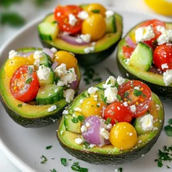 - 2 ripe avocados, halved and pitted - 1 cup cherry tomatoes, halved - 1 medium cucumber, diced into small cubes - 1/2 red onion, finely diced - 1/2 cup Kalamata olives, pitted and sliced - 1/3 cup feta cheese, crumbled - 2 tablespoons fresh parsley, finely chopped - 1 tablespoon extra virgin olive oil - 1 tablespoon fresh lemon juice - Salt and freshly cracked black pepper to taste You need fresh produce for the best taste. Use ripe avocados. They should feel a bit soft when you gently squeeze them. Cherry tomatoes add a sweet burst. Choose cucumbers that are firm and crisp. Red onions give a nice zing. Kalamata olives add a salty kick. Fresh parsley brightens the flavor. Feta cheese provides creaminess and tang. If you want to switch things up, try these options. For avocados, you can use ripe pears for a fruity twist. Swap cherry tomatoes for diced bell peppers for crunch. If you don&rsquo;t have Kalamata olives, green olives work too. You can replace feta with goat cheese or even cottage cheese. Use lime juice instead of lemon for a different zing. {{ingredient_image_2}} Start by slicing each avocado in half. Use a knife to cut through the skin. Then, carefully twist the two halves to separate them. Remove the pit with a spoon or knife. Next, scoop out a little flesh from the center. This creates a space for the filling. Save the scooped avocado flesh for later. Set the avocado halves aside on a plate. In a medium bowl, combine the halved cherry tomatoes, diced cucumber, and finely chopped red onion. Add the sliced Kalamata olives and crumbled feta cheese. Sprinkle in the chopped parsley. Stir gently to mix all the ingredients together. In a small bowl, whisk together olive oil, lemon juice, salt, and pepper. Pour this dressing over the salad mixture. Toss carefully to coat everything without bruising the veggies. Now, chop the reserved avocado flesh into small pieces. Gently fold these pieces into the salad mixture. Be careful not to mash them. This adds creaminess to the filling. Take the hollowed avocado halves and spoon the salad mixture into each half. Press lightly to keep the filling in place. If you like, drizzle a bit more olive oil on top. You can also sprinkle extra feta cheese for added flavor. For a beautiful presentation, serve the stuffed avocados on a colorful plate. Garnish with fresh parsley and arrange some olives around them. Enjoy this fresh and tasty dish! To keep your avocados fresh, choose ripe ones. A ripe avocado feels slightly soft when you press it. If you have extra avocados, store them in the fridge. This slows down the ripening process. If you cut an avocado, sprinkle lemon juice on the flesh. This helps prevent browning. To boost the flavor, use high-quality extra virgin olive oil. Fresh lemon juice brightens the dish. You can also add a pinch of oregano or dill for a Mediterranean kick. If you like spice, add a dash of crushed red pepper flakes. This adds a nice heat to your salad. For a beautiful display, use a colorful serving plate. Place the stuffed avocados in the center. Garnish with fresh parsley and a few Kalamata olives around them. A drizzle of olive oil on top adds shine. This makes your dish look as good as it tastes. Pro Tips Choose Ripe Avocados: Make sure your avocados are perfectly ripe for the best flavor and texture. They should yield slightly to gentle pressure when squeezed. Customize Your Salad: Feel free to add other vegetables or proteins like bell peppers or grilled chicken to make this dish even more satisfying. Serve Immediately: For the best taste and presentation, serve the stuffed avocados right after preparing them to prevent browning. Use Fresh Ingredients: Opt for fresh herbs and high-quality olive oil to elevate the dish's flavors and ensure a vibrant, delicious meal. {{image_4}} You can easily make Greek Salad Stuffed Avocados more veggie-friendly. Add in some roasted bell peppers for sweetness. You might also enjoy adding artichoke hearts for a nice texture. Roasted zucchini or eggplant can bring a smoky flavor, too. Just chop them small and mix them into the salad. This way, you boost flavor and nutrition. If you want to add protein, consider chickpeas or white beans. They mix well with the salad and add heartiness. You can also toss in grilled chicken or shrimp for extra protein. Just be sure to cook them first. This will turn your dish into a filling meal, perfect for lunch or dinner. Feta is classic, but you can try other cheeses. Goat cheese gives a creamy texture and tang. For a sharp flavor, use aged cheddar. If you prefer a milder taste, try mozzarella. Each cheese can change the flavor of your stuffed avocado. Choose what you love best, and enjoy experimenting! To keep your Greek salad stuffed avocados fresh, wrap them tightly in plastic wrap. Place them in an airtight container or a resealable bag. Store them in the fridge. If you have leftover salad filling, store it separately. The salad will stay fresh for up to two days. I don't recommend freezing stuffed avocados. The avocado's texture changes when frozen. However, you can freeze the salad filling without the avocado. Place it in a freezer-safe container. It will last for about three months. When you're ready to use it, thaw it in the fridge overnight. Serve your Greek salad stuffed avocados chilled. They taste best right after making them. For a fun twist, pair them with pita chips or fresh bread. This adds a nice crunch. You can also add more olives or a sprinkle of herbs on top for extra flavor. Enjoy! Yes, you can prepare the filling ahead of time. However, it is best to stuff the avocados just before serving. The salt in the filling can draw out moisture, making the avocados soggy. If you want to save time, chop all the veggies and mix the dressing in advance. Store them in the fridge in an airtight container. If you want to replace feta cheese, try using goat cheese or ricotta. Both will add a creamy texture. You can also use vegan cheese or cottage cheese for a lighter option. Each alternative will bring a different flavor and texture but will still taste great in the salad. To keep avocados fresh, sprinkle lemon juice on the cut surfaces. The acid in lemon juice slows down browning. You can also store the avocados with the pit in them. Wrap them tightly in plastic wrap to reduce exposure to air. These methods will help keep your dish looking fresh and appealing. This post walks you through making Greek salad stuffed avocados. You learned about fresh ingredients and tasty alternatives. We covered how to prep avocados and assemble the dish easily. Tips helped you keep avocados fresh and enhance flavors. Variations let you customize with extras like proteins or different cheeses. Finally, you got storage tips for leftovers and answers to common questions. Keep these ideas in mind. Enjoy your delicious creation whenever you want!