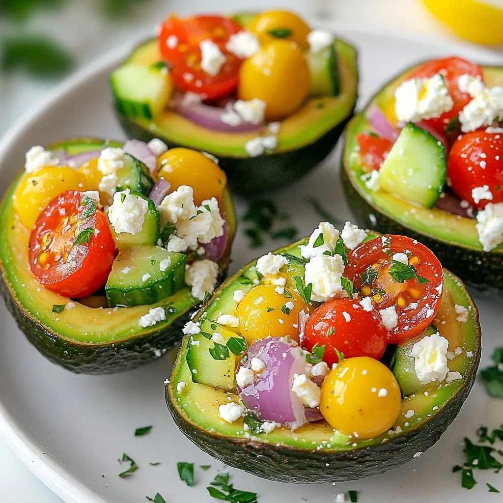 - 2 ripe avocados, halved and pitted - 1 cup cherry tomatoes, halved - 1 medium cucumber, diced into small cubes - 1/2 red onion, finely diced - 1/2 cup Kalamata olives, pitted and sliced - 1/3 cup feta cheese, crumbled - 2 tablespoons fresh parsley, finely chopped - 1 tablespoon extra virgin olive oil - 1 tablespoon fresh lemon juice - Salt and freshly cracked black pepper to taste You need fresh produce for the best taste. Use ripe avocados. They should feel a bit soft when you gently squeeze them. Cherry tomatoes add a sweet burst. Choose cucumbers that are firm and crisp. Red onions give a nice zing. Kalamata olives add a salty kick. Fresh parsley brightens the flavor. Feta cheese provides creaminess and tang. If you want to switch things up, try these options. For avocados, you can use ripe pears for a fruity twist. Swap cherry tomatoes for diced bell peppers for crunch. If you don’t have Kalamata olives, green olives work too. You can replace feta with goat cheese or even cottage cheese. Use lime juice instead of lemon for a different zing. {{ingredient_image_2}} Start by slicing each avocado in half. Use a knife to cut through the skin. Then, carefully twist the two halves to separate them. Remove the pit with a spoon or knife. Next, scoop out a little flesh from the center. This creates a space for the filling. Save the scooped avocado flesh for later. Set the avocado halves aside on a plate. In a medium bowl, combine the halved cherry tomatoes, diced cucumber, and finely chopped red onion. Add the sliced Kalamata olives and crumbled feta cheese. Sprinkle in the chopped parsley. Stir gently to mix all the ingredients together. In a small bowl, whisk together olive oil, lemon juice, salt, and pepper. Pour this dressing over the salad mixture. Toss carefully to coat everything without bruising the veggies. Now, chop the reserved avocado flesh into small pieces. Gently fold these pieces into the salad mixture. Be careful not to mash them. This adds creaminess to the filling. Take the hollowed avocado halves and spoon the salad mixture into each half. Press lightly to keep the filling in place. If you like, drizzle a bit more olive oil on top. You can also sprinkle extra feta cheese for added flavor. For a beautiful presentation, serve the stuffed avocados on a colorful plate. Garnish with fresh parsley and arrange some olives around them. Enjoy this fresh and tasty dish! To keep your avocados fresh, choose ripe ones. A ripe avocado feels slightly soft when you press it. If you have extra avocados, store them in the fridge. This slows down the ripening process. If you cut an avocado, sprinkle lemon juice on the flesh. This helps prevent browning. To boost the flavor, use high-quality extra virgin olive oil. Fresh lemon juice brightens the dish. You can also add a pinch of oregano or dill for a Mediterranean kick. If you like spice, add a dash of crushed red pepper flakes. This adds a nice heat to your salad. For a beautiful display, use a colorful serving plate. Place the stuffed avocados in the center. Garnish with fresh parsley and a few Kalamata olives around them. A drizzle of olive oil on top adds shine. This makes your dish look as good as it tastes. Pro Tips Choose Ripe Avocados: Make sure your avocados are perfectly ripe for the best flavor and texture. They should yield slightly to gentle pressure when squeezed. Customize Your Salad: Feel free to add other vegetables or proteins like bell peppers or grilled chicken to make this dish even more satisfying. Serve Immediately: For the best taste and presentation, serve the stuffed avocados right after preparing them to prevent browning. Use Fresh Ingredients: Opt for fresh herbs and high-quality olive oil to elevate the dish's flavors and ensure a vibrant, delicious meal. {{image_4}} You can easily make Greek Salad Stuffed Avocados more veggie-friendly. Add in some roasted bell peppers for sweetness. You might also enjoy adding artichoke hearts for a nice texture. Roasted zucchini or eggplant can bring a smoky flavor, too. Just chop them small and mix them into the salad. This way, you boost flavor and nutrition. If you want to add protein, consider chickpeas or white beans. They mix well with the salad and add heartiness. You can also toss in grilled chicken or shrimp for extra protein. Just be sure to cook them first. This will turn your dish into a filling meal, perfect for lunch or dinner. Feta is classic, but you can try other cheeses. Goat cheese gives a creamy texture and tang. For a sharp flavor, use aged cheddar. If you prefer a milder taste, try mozzarella. Each cheese can change the flavor of your stuffed avocado. Choose what you love best, and enjoy experimenting! To keep your Greek salad stuffed avocados fresh, wrap them tightly in plastic wrap. Place them in an airtight container or a resealable bag. Store them in the fridge. If you have leftover salad filling, store it separately. The salad will stay fresh for up to two days. I don't recommend freezing stuffed avocados. The avocado's texture changes when frozen. However, you can freeze the salad filling without the avocado. Place it in a freezer-safe container. It will last for about three months. When you're ready to use it, thaw it in the fridge overnight. Serve your Greek salad stuffed avocados chilled. They taste best right after making them. For a fun twist, pair them with pita chips or fresh bread. This adds a nice crunch. You can also add more olives or a sprinkle of herbs on top for extra flavor. Enjoy! Yes, you can prepare the filling ahead of time. However, it is best to stuff the avocados just before serving. The salt in the filling can draw out moisture, making the avocados soggy. If you want to save time, chop all the veggies and mix the dressing in advance. Store them in the fridge in an airtight container. If you want to replace feta cheese, try using goat cheese or ricotta. Both will add a creamy texture. You can also use vegan cheese or cottage cheese for a lighter option. Each alternative will bring a different flavor and texture but will still taste great in the salad. To keep avocados fresh, sprinkle lemon juice on the cut surfaces. The acid in lemon juice slows down browning. You can also store the avocados with the pit in them. Wrap them tightly in plastic wrap to reduce exposure to air. These methods will help keep your dish looking fresh and appealing. This post walks you through making Greek salad stuffed avocados. You learned about fresh ingredients and tasty alternatives. We covered how to prep avocados and assemble the dish easily. Tips helped you keep avocados fresh and enhance flavors. Variations let you customize with extras like proteins or different cheeses. Finally, you got storage tips for leftovers and answers to common questions. Keep these ideas in mind. Enjoy your delicious creation whenever you want!
