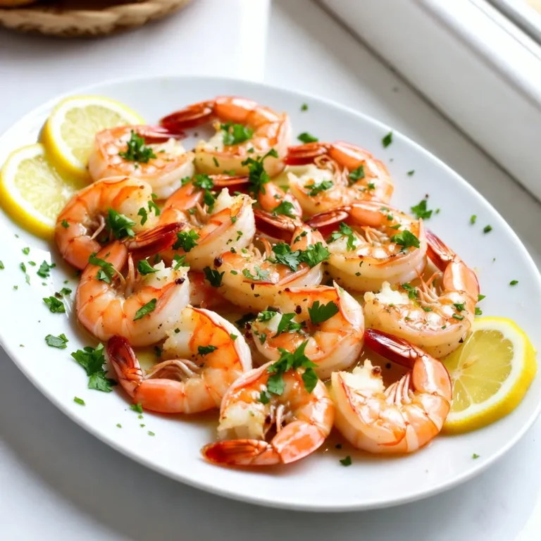 - 1 pound large shrimp, peeled and deveined - 4 tablespoons extra virgin olive oil - 4 cloves garlic, finely minced - Zest and juice of 1 medium lemon - 1 teaspoon red pepper flakes - Salt and freshly cracked black pepper, to taste - 2 tablespoons fresh parsley, finely chopped (for garnish) - Lemon slices (for garnish) Tips on selecting fresh shrimp: When choosing shrimp, look for clear, shiny shells. The shrimp should smell like the ocean, not fishy. Fresh shrimp have a firm texture and a slight bounce when pressed. Substitutions for ingredients: If you don’t have fresh garlic, garlic powder works too. You can swap red pepper flakes with cayenne for more heat. Use lemon juice from a bottle if fresh lemons aren't available. You can also use other herbs like cilantro or dill for garnish. Importance of quality olive oil: Extra virgin olive oil adds rich flavor. It also enhances the shrimp's taste. Low-quality oil may taste bitter or bland. Always choose high-quality oil for the best results. {{ingredient_image_2}} Start by preheating your oven to 400°F (200°C). This step is crucial for even roasting. A hot oven helps the shrimp cook quickly and keeps them juicy. In a large bowl, combine the following for the marinade: - 4 tablespoons extra virgin olive oil - 4 cloves garlic, finely minced - Zest of 1 medium lemon - Juice of 1 medium lemon - 1 teaspoon red pepper flakes - Salt and freshly cracked black pepper, to taste Whisk these ingredients until they blend well. This mix will soak into the shrimp and add great flavor. Next, add 1 pound of peeled and deveined shrimp to the bowl. Toss gently until the shrimp are well coated in the marinade. Let them sit for 15-20 minutes at room temperature. This time allows the shrimp to absorb all those tasty flavors. Line a baking sheet with parchment paper. This makes cleanup easy and helps prevent sticking. Spread the marinated shrimp in a single layer on the sheet. Avoid overcrowding to ensure even roasting. Put the baking sheet in the preheated oven. Roast the shrimp for 8-10 minutes. Watch them closely; they are done when they turn pink and opaque. Overcooking can make them tough, so stay alert. Once done, take the baking sheet out of the oven. Garnish the shrimp with 2 tablespoons of finely chopped parsley. You can also add lemon slices around for a pretty look. This makes for a bright and tasty presentation. To get the best shrimp, avoid overcooking. Roast them just until they turn pink and opaque. This usually takes about 8-10 minutes. If they cook too long, they can become chewy. Check them often. The perfect shrimp should feel firm yet tender. You can enhance the flavor in many ways. Try adding fresh herbs like thyme or basil. You can also mix in spices like paprika or cumin for a twist. If you love heat, increase the red pepper flakes. Feel free to experiment with your favorite add-ins. Pair these shrimp with a simple side. Rice or pasta works great. You could also serve them with a fresh salad. For dips, a garlic aioli or a spicy salsa can be perfect. To drink, try a crisp white wine or a zesty lemonade. They will complement the dish nicely. Pro Tips Fresh Shrimp is Key: Always choose fresh, high-quality shrimp for the best flavor and texture. Look for shrimp that smell like the ocean and have a firm texture. Don’t Skip the Marinade: Allowing the shrimp to marinate for at least 15-20 minutes enhances the flavors. If time allows, marinate them in the fridge for up to 2 hours for even more intensity. Watch the Cooking Time: Shrimp cook quickly and can become rubbery if overcooked. Keep an eye on them and remove them from the oven as soon as they turn pink and opaque. Experiment with Seasoning: Feel free to adjust the amount of red pepper flakes or add other spices like paprika or cumin for a different twist on the flavor profile. {{image_4}} If you like heat, add more red pepper flakes. Start with the normal amount, then taste. If you want more spice, sprinkle in extra flakes. This small change can make a big difference. It creates a bold flavor that wakes up your taste buds. You can easily make this dish your own by adjusting the heat level. You can turn this shrimp dish into a one-pan meal. Adding veggies makes it colorful and healthy. Try bell peppers, zucchini, or asparagus. Simply chop them into bite-sized pieces and toss them in the marinade with the shrimp. This way, you cook everything together. The shrimp and veggies soak up the same tasty flavors, making each bite delightful. For a smoky flavor, try grilling the shrimp. Preheat your grill to medium-high heat. Marinate the shrimp as usual. Instead of roasting, thread the shrimp onto skewers. Grill them for about 2-3 minutes on each side. This method gives the shrimp nice char marks and a unique taste. Plus, grilling adds a fun outdoor element to your meal. After you enjoy your lemon garlic roasted shrimp, store any leftovers right away. Place the shrimp in an airtight container. This helps keep the shrimp fresh. The fridge is best for leftovers. They stay good for up to three days. If you see any liquid, drain it before sealing the container. This keeps the shrimp from getting soggy. When you reheat the shrimp, you want to keep the flavor and texture. The best way is to use a skillet. Heat a bit of olive oil over medium heat. Add the shrimp and cook for about two minutes on each side. This warms them up without making them tough. You can also use the oven. Preheat it to 350°F (175°C) and warm the shrimp for 5-7 minutes. Cover with foil to keep moisture in. If you have more shrimp than you can eat, freeze them for later. First, let the shrimp cool completely. Place them in a freezer bag, squeezing out as much air as you can. This helps prevent freezer burn. Label the bag with the date. You can freeze them for up to three months. To thaw, move the shrimp to the fridge the night before. Avoid thawing in the microwave, as this can cook them unevenly. For the best flavor, marinate shrimp for 15-20 minutes. This time lets the shrimp soak up the garlic and lemon taste. If you marinate them too long, they can become mushy. Just enough time allows for a fresh, zesty flavor. Yes, you can use frozen shrimp. Just thaw them first. To thaw, place shrimp in the fridge overnight or run them under cold water for about 10-15 minutes. After thawing, pat them dry before marinating. This gives the best flavor and texture. Lemon garlic roasted shrimp goes well with several sides. Here are some great options: - Rice pilaf - Garlic bread - Steamed vegetables like broccoli or asparagus - A fresh green salad These sides balance the dish and make for a full meal. Yes, this recipe is perfect for meal prep. You can marinate and roast the shrimp ahead of time. Store them in airtight containers in the fridge. They stay tasty for up to three days. Just reheat gently before serving to keep them juicy. This blog post covered a simple way to make lemon garlic roasted shrimp. We discussed the best fresh ingredients, step-by-step cooking, and tips for success. Remember to marinate the shrimp properly and avoid overcooking for juicy results. You can also try fun variations and learn how to store and reheat leftovers. This dish pairs well with many sides, making it versatile for any meal. Enjoy creating this tasty recipe and making it your own!