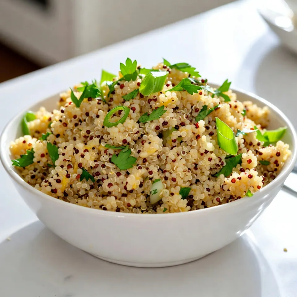 - 1 cup quinoa - 2 cups vegetable broth - 2 tablespoons extra virgin olive oil - 3 cloves garlic, finely minced - Zest and juice of 1 medium lemon - 1 teaspoon sea salt - ½ teaspoon freshly ground black pepper - ½ teaspoon red pepper flakes (optional) - ¼ cup fresh parsley, coarsely chopped - ¼ cup green onions, thinly sliced Gather these ingredients to create a bright and tasty dish. Quinoa is a great base. It is full of protein and fiber. The vegetable broth gives it a rich flavor. Olive oil adds healthy fats. Garlic brings warmth and depth. The lemon zest and juice give a fresh kick. Salt and pepper make the flavors pop. Red pepper flakes add a hint of heat, if you like. Fresh parsley and green onions finish the dish with color and freshness. These ingredients come together to make a wholesome meal. {{ingredient_image_2}} - Bring 2 cups of vegetable broth to a boil. - Add 1 cup of rinsed quinoa. - Lower the heat and cover the saucepan. - Simmer for 15 minutes until fluffy. Cooking quinoa is simple and rewarding. The key is the broth. It adds nice flavor. Rinsing the quinoa removes bitterness. The broth should boil first for best results. Once you add the quinoa, don’t lift the lid. Let it cook gently. - Heat 2 tablespoons of extra virgin olive oil in a skillet. - Sauté 3 cloves of minced garlic until fragrant. Garlic is the heart of this dish. When you heat olive oil, it shimmers. This means it’s ready. Add the minced garlic and stir often. You want it soft and fragrant, not brown. Burnt garlic tastes bitter and ruins the dish. - Fluff the quinoa and mix it with the sautéed garlic. - Toss in the zest and juice of 1 medium lemon, sea salt, black pepper, and red pepper flakes (optional). After cooking, fluff the quinoa with a fork. This makes it light and airy. Mix it gently with the garlic. Adding lemon zest and juice gives a bright taste. The salt and pepper enhance all the flavors. If you like heat, toss in red pepper flakes. Just before serving, add fresh parsley and green onions for a pop of color and taste. This makes the dish not only tasty but also beautiful. Enjoy your zesty lemon garlic quinoa! To get fluffy quinoa, rinse it well. Rinsing removes the bitter coating called saponin. Use a fine mesh strainer to rinse under cool water. This step is key! Avoid overcooking quinoa. When it simmers, watch the timer closely. Cook it for about 15 minutes on low heat. Once all the liquid is gone, it’s ready to fluff. Adjust the garlic and lemon to your taste. If you love garlic, add more than three cloves. For a brighter flavor, squeeze in extra lemon juice. Try adding fresh herbs like basil or dill. Spices like cumin or paprika can also add depth. Experiment with flavors to make it your own. Serve the quinoa in a large, shallow dish. This makes it look inviting and colorful. For a beautiful finish, garnish with fresh parsley. Arrange lemon wedges around the platter for a pop of color. You can even sprinkle some red pepper flakes on top for a touch of heat. Pro Tips Rinse Your Quinoa: Thoroughly rinsing the quinoa before cooking removes its natural coating, called saponin, which can give a bitter taste. This step is crucial for achieving a pleasant flavor. Adjusting Flavor: Feel free to tweak the lemon juice and zest to your liking. If you prefer a more pronounced lemon flavor, add more zest or juice gradually until you reach your desired taste. Cooking Quinoa Perfectly: Keep an eye on the cooking time and avoid lifting the lid too often. Quinoa cooks best when it’s allowed to steam in the covered pot, which helps it become fluffy. Make It a Meal: This zesty quinoa can easily be turned into a main dish. Add roasted vegetables, chickpeas, or grilled chicken for a heartier meal that’s still packed with flavor. {{image_4}} You can make your Zesty Lemon Garlic Quinoa even better by adding some veggies. Try mixing in spinach or bell peppers. They bring color and crunch. If you want extra protein, toss in chickpeas or chicken. Both options make the dish heartier and more filling. If you need a gluten-free dish, quinoa is already a great choice. Just make sure your broth is also gluten-free. For a vegan option, skip any chicken and use plant-based proteins. You can also add nuts or seeds for more texture and flavor. Want to switch up the flavor? Use different citrus fruits like lime or orange. Each fruit gives a unique twist. You can also experiment with herbs such as basil or mint. These herbs add freshness and depth to your dish, making it even more enjoyable. Store your leftover quinoa in a sealed container. Glass jars or plastic containers work well. Make sure to let it cool before sealing to avoid moisture build-up. You can keep it in the fridge for about 3 to 5 days. This keeps the flavors fresh and tasty. When reheating, aim to keep the quinoa fluffy. Place it in a skillet or microwave-safe dish. Add a splash of broth or water to help restore moisture. Heat it gently until warm, stirring occasionally. This way, the texture stays light and fluffy, just like when you first made it. Yes, you can use chicken broth. It adds a rich, savory flavor to the dish. If you want a vegetarian option, stick with vegetable broth. Both choices will make your quinoa tasty. Quinoa is done when it’s fluffy. Look for the tiny white spiral, called the germ, around each grain. If the quinoa is soft and no water remains, it’s ready to eat. You can make this dish ahead of time. Cook the quinoa and store it in the fridge. It stays fresh for about three to five days. Just add the lemon and herbs right before serving. Zesty lemon garlic quinoa is easy to make and full of flavor. We explored key ingredients like quinoa, garlic, and lemon juice. Step-by-step, I shared how to cook and combine these elements. Tips and variations help you tweak the dish to your taste. Store leftovers properly for future meals. With these insights, you can create a delicious, nutritious dish anytime. Enjoy making this recipe, and feel free to experiment!