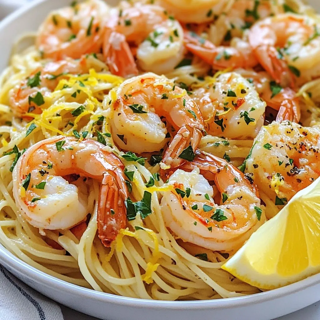 To make Garlic Butter Shrimp Scampi, you'll need the following tasty ingredients: - 1 lb large shrimp, peeled and deveined - 4 tablespoons unsalted butter, divided - 4 cloves garlic, finely minced - 1 teaspoon red pepper flakes - 1 lemon, zested and juiced - 1/2 cup low-sodium chicken broth - 1/4 cup fresh parsley, finely chopped - Salt and freshly cracked black pepper - 8 oz linguine or spaghetti - Grated Parmesan cheese (optional) Each ingredient plays a key role in this dish. The shrimp gives a fresh taste, while butter adds richness. Garlic brings a strong aroma and flavor. Red pepper flakes add a touch of heat, but you can adjust this to your taste. The lemon adds brightness and tang, balancing the richness of butter. Chicken broth adds depth, while parsley gives a fresh finish. Salt and pepper enhance all the flavors. The pasta is the perfect base for this dish, soaking up the sauce. This dish is quick and easy, making it perfect for a weeknight dinner. You can find all these ingredients in most grocery stores. {{ingredient_image_2}} To start, fill a large pot with water and add salt. Bring the water to a rolling boil. Once boiling, add 8 ounces of linguine or spaghetti. Cook for about 8 to 10 minutes or until the pasta is al dente. This means it should be firm but not hard. Make sure to reserve half a cup of the pasta water before draining. Set the drained pasta aside. In a large skillet, melt 2 tablespoons of unsalted butter over medium heat. Once the butter is melted, add 4 minced garlic cloves and 1 teaspoon of red pepper flakes. Stir for about one minute until the garlic smells great and turns light golden. Next, gently add 1 pound of peeled and deveined shrimp. Season the shrimp with salt and black pepper. Cook them for 2 to 3 minutes on one side until they turn pink. Flip them over and cook for another 1 to 2 minutes until fully cooked. Remove the shrimp from the skillet and set them aside. In the same skillet, pour in 1/2 cup of low-sodium chicken broth. Then, add the juice and zest of 1 lemon. Bring this mixture to a gentle simmer. Let it reduce for about 2 to 3 minutes. This step helps to concentrate the flavors, making your dish even better. Lower the heat and return the cooked shrimp to the skillet. Add the reserved pasta and the last 2 tablespoons of butter. Gently toss everything together. If the sauce is too thick, stir in the reserved pasta water a little at a time until the sauce is creamy and coats the shrimp and pasta nicely. Stir in 1/4 cup of finely chopped fresh parsley. Taste the dish and adjust the seasoning with more salt and pepper if needed. This step ensures that every bite is full of flavor. Spoon the shrimp scampi onto serving plates. For an extra touch, sprinkle with grated Parmesan cheese if you like. To make it look nice, serve the scampi in a large shallow bowl. Garnish with more chopped parsley and a lemon wedge on the side. This adds color and makes the dish pop! - To get the best shrimp texture, use large, fresh shrimp. Look for shrimp that are firm and springy. - Avoid overcooking shrimp by watching the color change. Once they turn pink, they are done. Remove them from heat quickly. - You can add extra flavor with spices like paprika or herbs like basil. Fresh ingredients make a big difference. - If you want a different taste, try using vegetable broth instead of chicken broth. This keeps it light and fresh. - Garlic Butter Shrimp Scampi pairs well with garlic bread or a light salad. The bread soaks up the tasty sauce. - For side dishes, serve with steamed veggies or a simple rice dish. These options complement the shrimp nicely. Pro Tips Fresh Shrimp is Best: Whenever possible, use fresh shrimp instead of frozen for the best flavor and texture. If using frozen, ensure they are completely thawed before cooking. Control the Heat: Adjust the amount of red pepper flakes to suit your taste. Start with a smaller amount and add more if you prefer a spicier dish. Perfect Pasta Timing: To ensure your pasta and shrimp are ready at the same time, start cooking the pasta just before the shrimp. This way, everything can be combined while still hot. Reserve Pasta Water: Always reserve some pasta water before draining. The starchy water can help thicken and bind the sauce, providing a creamy consistency. {{image_4}} You can switch up the pasta to fit your diet. If you need gluten-free options, try rice noodles or gluten-free pasta. Both work well and still taste great. For a vegan twist, swap shrimp for mushrooms or chickpeas. You can use vegan butter too. These options keep the dish tasty and friendly for all diets. Want to change the flavor? Try adding a splash of white wine to the sauce. It gives a nice depth. Fresh herbs like basil or thyme can also boost the taste. If you like more protein, you can use scallops or even chicken. Both options add new flavors while still being quick to cook. You can make a creamy version of this dish. Just add heavy cream or coconut milk to the sauce. This change gives a rich texture. If you want to switch the broth, use vegetable broth for a lighter taste. Each variation keeps the dish exciting and flavorful. To keep your Garlic Butter Shrimp Scampi fresh, follow these steps: - Allow the dish to cool to room temperature. - Place leftovers in an airtight container. - Store in the fridge for up to 2 days. - For longer storage, freeze the dish for up to 1 month. - Use freezer-safe containers or heavy-duty freezer bags. When freezing, press out as much air as you can. This helps prevent freezer burn. Reheating your dish properly helps maintain its delicious flavor. Here are the best methods: - Stovetop: Heat in a skillet over low heat. Stir occasionally to heat evenly. - Microwave: Place in a microwave-safe dish. Cover loosely and heat in 30-second intervals. Stir in between to ensure even warming. When reheating, aim for about 5–7 minutes on the stove or 2–3 minutes in the microwave. Check that the shrimp is heated all the way through. Avoid high heat, which can overcook the shrimp and dry out your dish. You can store Garlic Butter Shrimp Scampi in the fridge for up to two days. Use an airtight container. It can last in the freezer for three months. Just make sure to wrap it well to prevent freezer burn. Yes, you can use frozen shrimp. Just thaw them before cooking. To thaw, put the shrimp in the fridge overnight. If you need them fast, place them in a bowl of cold water for about 15-20 minutes. Yes, but only if you use gluten-free pasta. Many brands offer good options. Always check the label to ensure it is truly gluten-free. This dish pairs well with garlic bread or a light salad. You could also serve it with steamed vegetables. For wine, try a crisp white wine like Sauvignon Blanc. To add more heat, increase the red pepper flakes. You can also add fresh chopped chili peppers. If you want a smoky flavor, try a pinch of smoked paprika. You’ve learned how to make Garlic Butter Shrimp Scampi from start to finish. By following the steps, you can cook perfectly tender shrimp and a flavorful sauce. Remember tips for adjusting flavors and storing leftovers. Get creative with variations to suit your taste. This dish is quick and satisfying, perfect for any meal. Trust your instincts, and enjoy experimenting with new flavors. Now you’re ready to impress your friends and family with a tasty meal!