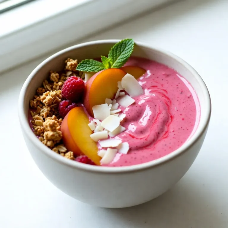 To make a delicious Raspberry Peach Smoothie Bowl, you will need the following main ingredients: - 1 cup frozen raspberries - 1 ripe peach, peeled and chopped - 1 ripe banana, sliced - 1 cup almond milk (or your preferred milk) These ingredients blend together to create a smooth and creamy base. The frozen raspberries add a tangy flavor, while the peach brings sweetness. The banana adds creaminess and a nice texture. You can make your smoothie bowl sweeter with these optional ingredients: - 2 tablespoons honey or maple syrup (optional, for sweetness) - 1 tablespoon chia seeds Adding honey or maple syrup can enhance the flavor if you like it sweeter. Chia seeds not only boost nutrition but also add a fun texture to your bowl. Toppings are where you can get creative! I suggest these tasty options: - Granola - Sliced fresh peaches - Fresh raspberries - Shredded coconut - Mint leaves for garnish Granola adds crunch, while fresh fruits bring brightness and color. Shredded coconut adds a tropical flair, and mint leaves give a fresh touch. These toppings make your smoothie bowl not only tasty but also beautiful. {{ingredient_image_2}} To start, gather your ingredients. You need one cup of frozen raspberries, one ripe peach, and one ripe banana. Peel and chop the peach, then slice the banana. Add all the fruit to your blender. Pour in one cup of almond milk. If you like it sweeter, add two tablespoons of honey or maple syrup. Blend on high until it’s smooth and creamy. If the mix is too thick, add more almond milk a little at a time until you get the right texture. Once your smoothie base is ready, it’s time for chia seeds! Measure one tablespoon of chia seeds and sprinkle them into the blender. Pulse the blender a few times. This mixes the seeds well and adds a fun texture. Chia seeds also boost the nutrition of your bowl. They are rich in fiber and healthy fats, making your smoothie bowl even better. Now it’s time to serve! Pour the smoothie mixture into a bowl. To make it pretty, use a spoon to create swirls on the top. This looks nice and inviting. Next, add your toppings! Start with a layer of granola for that perfect crunch. Then, place slices of fresh peaches and some fresh raspberries on top. Finish with shredded coconut and mint leaves for a fresh touch. Take a moment to enjoy your beautiful creation before you dig in! Choose ripe fruits for the best taste. For peaches, look for a bright color and a slight give when you press them. They should smell sweet and fragrant. When picking raspberries, select plump ones that are bright red. Avoid mold or squishy ones. A ripe banana is yellow with some brown spots. This adds natural sweetness to your smoothie. You can change the thickness of your smoothie bowl easily. If it’s too thick, add more almond milk a little at a time. Blend again until smooth. If it’s too thin, toss in extra frozen raspberries or banana. This will help thicken it up. Play around until you find the texture you love. Boost the flavor of your smoothie bowl with extra ingredients. A sprinkle of cinnamon adds warmth. Or, try vanilla extract for a sweet touch. You can also add a spoonful of nut butter for creaminess and protein. For a tangy kick, blend in a small squeeze of lemon juice. Mix and match to discover your favorite flavor combinations! Pro Tips Choose Ripe Fruits: For the best flavor, make sure your peaches and bananas are perfectly ripe. This ensures natural sweetness and creaminess in your smoothie bowl. Adjust Sweetness: Taste your smoothie before adding honey or maple syrup. Depending on the ripeness of your fruits, you may find it sweet enough without any added sweeteners. Extra Creaminess: If you prefer a creamier texture, consider adding a spoonful of yogurt or a scoop of nut butter into the blend. This also enhances the nutritional value. Fun Presentation: When serving, take the time to artfully arrange your toppings. A visually striking bowl not only looks good but also enhances the eating experience! {{image_4}} You can mix it up by using different fruits. Some great options include: - Mango - Strawberries - Blueberries - Pineapple - Kiwi Each fruit adds its own flavor and texture. For example, mango gives a creamier feel. Strawberries add a sweet and tangy note. Feel free to combine fruits for a unique taste. Want to keep this bowl dairy-free or vegan? No problem! Simply use plant-based milk. Almond milk is great, but you can try: - Coconut milk - Oat milk - Soy milk For sweetness, use maple syrup instead of honey. This keeps your smoothie bowl fully vegan without losing flavor. To elevate your smoothie bowl, consider adding spices or extracts. Here are some fun ideas: - A pinch of cinnamon - A dash of vanilla extract - A hint of ginger These additions bring warmth and depth to your bowl. They can enhance the fruit flavors and make your smoothie even more exciting. If you have leftover smoothie bowl, store it in the fridge. Use a sealed container to keep it fresh. The bowl stays good for up to one day. After that, the texture might change, and it may not taste as good. You can freeze leftover ingredients like chopped fruits. Place them in a freezer bag. Remove as much air as possible before sealing. This way, you keep the fruits fresh for up to three months. When you're ready to use them, just thaw them in the fridge overnight. To refresh a smoothie bowl, add a splash of almond milk. Blend it again briefly. This brings back the creamy texture. If you want to heat it, warm it gently on the stove. Do not boil it, as this changes the taste and texture. Enjoy your smoothie bowl fresh for the best flavor! You can use any milk you like. Cow's milk, soy milk, or oat milk work well. Each type brings its own taste. Choose what fits your diet best. Try coconut milk for a fun twist. It adds a tropical flavor to your bowl. Yes, you can make the smoothie base ahead of time. Blend your fruits and milk, then store it in the fridge. Just keep it in a sealed container. This way, it stays fresh for up to 24 hours. Add toppings right before serving. This keeps them crunchy and fresh. Yes, this smoothie bowl is very healthy. It has fruits full of vitamins and fiber. Raspberries are rich in antioxidants. Peaches add hydration and vitamin C. Chia seeds give you protein and healthy fats. This bowl helps you feel full and energized. To make your bowl thicker, add more frozen fruit. Frozen bananas or berries work great. You can also use less almond milk. For creaminess, blend in yogurt or avocado. These add smoothness and richness without adding too much liquid. This blog post covered everything you need for a fantastic raspberry peach smoothie bowl. We discussed key ingredients, tips for blending, and how to enhance flavors. I shared storage tips and answered common questions. Enjoy making this smoothie bowl your own! Experiment with fruits and toppings. The perfect bowl awaits you with just a bit of creativity. Enjoy the healthy treat!