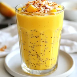 - 1 ripe mango, peeled and diced - 1 cup coconut milk - 2 tablespoons chia seeds - 1 ripe banana, sliced - Optional sweetener: 1 tablespoon honey or maple syrup - Ice cubes - Toasted coconut flakes - Fresh mango or banana slices for garnish - High-powered blender - Measuring cups and spoons - Chilled glasses for serving To make the Mango Coconut Chia Smoothie, gather the main ingredients first. You need one ripe mango, which you should peel and dice into small cubes. The mango gives the smoothie its sweet and tropical flavor. Next, grab one cup of coconut milk. You can choose canned or carton coconut milk based on your taste. Chia seeds are essential, so measure out two tablespoons. These tiny seeds help thicken the smoothie and add a nice texture. Don’t forget a ripe banana; slice it into rounds for easy blending. If you like it sweeter, add one tablespoon of honey or maple syrup. Finally, include some ice cubes to make your smoothie cold and refreshing. For a beautiful finish, you can garnish with toasted coconut flakes and slices of fresh mango or banana. This makes your drink look as good as it tastes! Now, let’s talk about the equipment. A high-powered blender is a must for this recipe. It helps blend all the ingredients smoothly. You’ll also need measuring cups and spoons to get the right amounts. Lastly, use chilled glasses for serving to keep your drink cool and tasty. {{ingredient_image_2}} - Peel and dice the mango into small cubes. - Slice the banana into rounds. Start with the mango. Use a sharp knife for safe peeling. Cut the mango in half and remove the pit. Dice it into small cubes. Next, take your ripe banana. Cut it into rounds and set both fruits aside. - Combine all main ingredients in the blender. - Add ice and vanilla extract. In a high-powered blender, add the diced mango, sliced banana, and chia seeds. Pour in the coconut milk. If you want extra sweetness, add honey or maple syrup. Then, throw in the ice cubes and add the vanilla extract. This will enhance the flavor. - Blend until smooth. - Rest the mixture for 5 minutes for chia seed expansion. - Adjust thickness by blending briefly if needed. Blend the mixture on high speed until it is smooth and creamy. After blending, let the smoothie rest for about 5 minutes. This helps the chia seeds soak up the liquid. It makes the smoothie thicker. If you want it thicker, blend it for a few seconds more. Now, your Mango Coconut Chia Smoothie is ready to serve! To make your smoothie just right, you can adjust the thickness. If it feels too thick, add more coconut milk. If it’s too thin, toss in a few more ice cubes. The key is to blend until smooth, then let it rest. This resting time allows the chia seeds to swell, making your drink thicker and creamier. Wait about five minutes for the best results. When you taste your smoothie, decide if it needs more sweetness. If so, add honey or maple syrup. You can do this right before blending. For a natural touch, try dates or agave. These options give a sweet flavor without extra sugar. Make your smoothie look as good as it tastes. Use clear glasses to show off the bright color. For a fun touch, add a slice of fresh mango or a banana wheel on the rim of each glass. Finish with toasted coconut flakes on top. These garnishes add texture and a burst of coconut flavor. Pro Tips Choose Ripe Mangoes: Ensure your mango is ripe for the best flavor; it should be slightly soft to the touch and have a sweet aroma. Customize Sweetness: Adjust the honey or maple syrup based on the sweetness of your mango and personal preference. Chill it Right: For an extra refreshing drink, chill your glasses in the freezer for a few minutes before serving. Experiment with Toppings: Feel free to add other toppings like fresh fruit slices or nuts for added texture and flavor. {{image_4}} You can easily make this smoothie vegan. Simply use unsweetened coconut milk instead of regular milk. This keeps the flavor rich and creamy without any dairy. If you want to sweeten it, swap honey for maple syrup or agave. This change makes it perfect for everyone, even if they avoid animal products. Want to add some greens? Toss in a handful of spinach or kale. This makes the smoothie a green powerhouse. You won’t lose the mango flavor, but you’ll gain extra nutrients. For more energy, you can include protein powder. It adds a smooth texture and keeps you full longer. Feel free to switch up the fruit! If you don’t have mango, try using pineapple or banana instead. Both fruits bring a sweet taste and tropical vibe. For a fun twist, mix in some berries. Blueberries, strawberries, or raspberries will brighten the flavor and add a pop of color. Experiment and find your favorite mix! After making your Mango Coconut Chia Smoothie, you might have some left. To store it, put the smoothie in a clean, airtight container. This keeps it fresh and tasty. You can place it in the fridge. It stays good for up to two days. However, the texture may change a bit. Chia seeds absorb liquid, making the smoothie thicker over time. If you want to save your smoothie for later, freezing is a great option. You can freeze it in small, individual portions. Use ice cube trays or small containers. This way, you can grab just what you need. When you want to drink it, thaw it in the fridge overnight. You can also use the microwave. Just be careful not to heat it too much. Stir well after thawing to mix the ingredients again. This keeps the flavor and texture nice. Yes, you can make this smoothie ahead of time. To prep it in advance, follow these tips: - Blend the ingredients and pour the smoothie into an airtight container. - Store it in the fridge for up to 24 hours. - Stir well before drinking, as the chia seeds may settle. This method saves time on busy mornings. Just remember, fresh smoothies taste best! Chia seeds pack a powerful punch of nutrients. Here are some key benefits: - High in fiber: This helps with digestion and keeps you full. - Rich in protein: Good for muscle health and energy. - Source of omega-3s: These healthy fats support heart health. Adding chia seeds to your smoothie boosts nutrition without changing the flavor. You can easily make this smoothie more filling. Here are some tips: - Add protein powder: This increases protein content and makes it a meal. - Include nut butter: Almond or peanut butter adds healthy fats and flavor. - Use Greek yogurt: This adds creaminess and more protein. These simple changes turn your smoothie into a satisfying meal replacement! This blog post outlined a delicious mango smoothie recipe. We covered the main ingredients, like mango and coconut milk, and shared step-by-step instructions for blending. I also provided tips to adjust texture and sweetness, along with variations to fit your taste. In conclusion, making your smoothie can be fun and healthy. With simple swaps, you can create your unique blend. Enjoy experimenting with flavors and find what you love. Smoothies can be a tasty way to nourish your body. Happy blending!