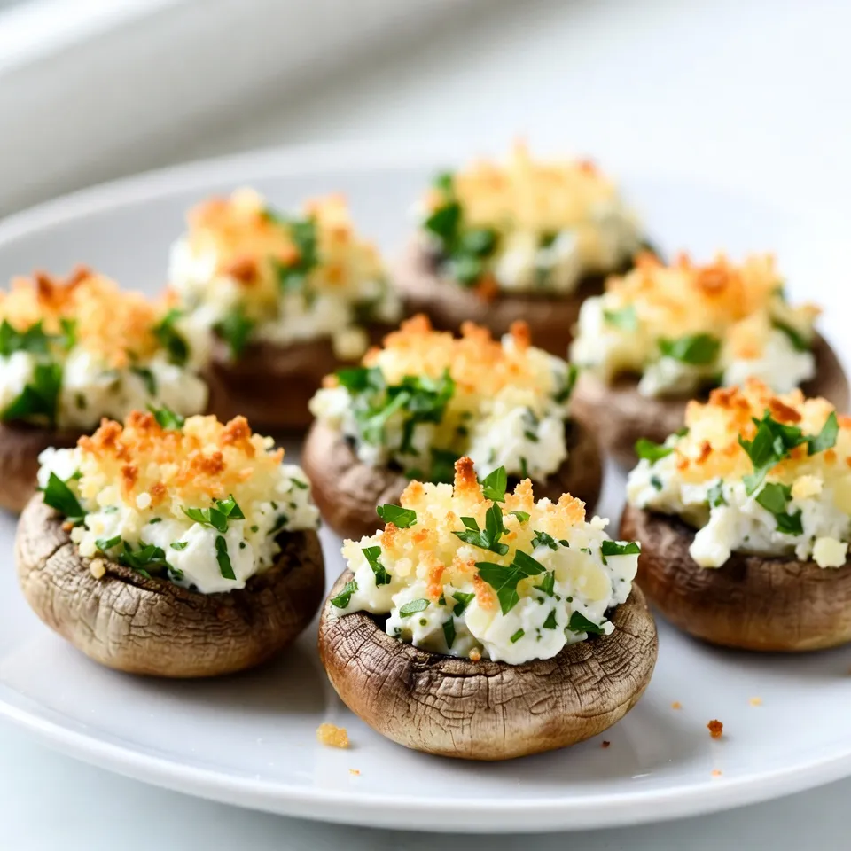 - 16 large cremini or button mushrooms - 1 cup cream cheese, softened - ½ cup finely grated Parmesan cheese - 3 cloves garlic, finely minced - 2 tablespoons fresh parsley, finely chopped - ½ teaspoon freshly ground black pepper - ½ teaspoon sea salt - ½ teaspoon red pepper flakes (optional) - 1 tablespoon extra virgin olive oil - 1 cup panko breadcrumbs These ingredients create a rich and tasty filling. The mushrooms serve as the perfect base. I love using large cremini or button mushrooms for this recipe. They have a nice shape and hold the filling well. Cream cheese adds a creamy texture. It pairs well with the salty Parmesan cheese. Garlic gives a bold flavor that shines in each bite. Fresh parsley adds a pop of color and a hint of freshness. The black pepper and sea salt balance the flavors. Red pepper flakes are optional but add a fun kick. The extra virgin olive oil helps sauté the mixture, bringing it all together. Finally, panko breadcrumbs create a crunchy topping. They make each mushroom bite extra special. With these ingredients, you can make a dish that impresses every guest. {{ingredient_image_2}} 1. Preheating the oven Start by preheating your oven to 375°F (190°C). This temperature helps the mushrooms cook evenly. 2. Cleaning and preparing the mushrooms Take each mushroom and gently wipe it with a damp cloth. This step removes any dirt without damaging the mushrooms. Carefully pop the stems out of the caps and set the caps aside. 3. Chopping the mushroom stems Finely chop the stems you just removed. Save this mixture for the filling. 1. Sautéing the mixture In a medium skillet, heat one tablespoon of extra virgin olive oil over medium heat. Add the chopped mushroom stems and three minced garlic cloves. Sprinkle in a pinch of sea salt. Cook this mix for 3-4 minutes. Stir as it cooks, letting the garlic become fragrant. 2. Combining the filling ingredients In a bowl, mix the sautéed mushroom stems with one cup of softened cream cheese and ½ cup of finely grated Parmesan cheese. Add in two tablespoons of chopped fresh parsley, ½ teaspoon of black pepper, and red pepper flakes if you like a kick. Stir until everything blends into a smooth filling. 3. Stuffing the mushrooms Use a small spoon or your hands to scoop a generous amount of the cheese mixture. Stuff each mushroom cap well, making sure it rises slightly above the top. 1. Arranging on a baking sheet Line a baking sheet with parchment paper for easy cleanup. Place the stuffed mushrooms on the sheet, ensuring they have space between them. 2. Adding panko breadcrumbs Sprinkle a good amount of panko breadcrumbs over the tops of the stuffed mushrooms. This adds a nice crunch when they bake. 3. Baking time and temperature Bake the mushrooms in your preheated oven for 20-25 minutes. They are done when the tops are golden brown and crispy. Let them cool for a few minutes before serving to enhance the flavors. When choosing mushrooms, look for large cremini or button mushrooms. Ensure they are firm and have a smooth surface. Fresh mushrooms smell earthy and not musty. Store them in a paper bag in the fridge. This keeps them dry and helps them stay fresh longer. To get the right filling, mix your ingredients well. You want a smooth and creamy texture. If you want to try something new, you can replace cream cheese with ricotta or goat cheese. Both give a tasty twist while keeping that creamy base. For serving, arrange your stuffed mushrooms on a nice platter. This makes them look enticing. You can garnish them with fresh parsley for a pop of color. A sprinkle of grated Parmesan on top adds elegance and a touch of flavor. Pro Tips Use Fresh Ingredients: Always opt for fresh garlic and parsley to enhance the flavor profile of your stuffed mushrooms. Experiment with Cheese: Feel free to mix different cheeses like mozzarella or feta for a unique twist on the classic filling. Adjust Spice Levels: If you like it spicy, increase the amount of red pepper flakes, or add a dash of hot sauce to the cheese mixture. Make Ahead: You can prepare the stuffed mushrooms a day in advance and store them in the fridge until you're ready to bake. {{image_4}} You can swap out the cheeses for vegan options. Look for cream cheese made from nuts or soy. These alternatives taste great and fit a vegan diet. You can also change the herbs for more flavor. Try using fresh basil or thyme. These herbs add a nice twist to the dish. For a gluten-free version, use gluten-free breadcrumbs. They work just as well as regular breadcrumbs. You can find them in many grocery stores. If you want to cut fat, use low-fat cream cheese. It still gives a creamy texture without too many calories. Don't be afraid to add spices to the mix. A pinch of cumin or paprika can elevate the taste. You can also sneak in other veggies. Chopped spinach or bell peppers add color and nutrients. Just sauté them with the mushroom stems for the best flavor. You can store stuffed mushrooms in the fridge for up to three days. Keep them in an airtight container to lock in taste. When you're ready to eat them again, reheat in the oven. Preheat your oven to 350°F (175°C). Place the mushrooms on a baking sheet and cover them with foil. This keeps them from drying out. Heat for about 10-15 minutes until warm. You can freeze stuffed mushrooms before or after baking. If freezing before baking, arrange them on a tray. Freeze until firm, then transfer to a bag. If you bake them first, let them cool completely. Place them in a freezer-safe container. They will stay fresh for up to three months. To reheat frozen stuffed mushrooms, bake them straight from the freezer. Preheat your oven to 375°F (190°C). Place the mushrooms on a baking sheet. Cover them with foil for the first 20 minutes. This helps heat evenly. Bake for about 25-30 minutes until hot and golden. Enjoy your tasty treat! You can prepare stuffed mushrooms ahead of time. First, follow the recipe until the stuffing is ready. Stuff the mushroom caps and place them on a baking sheet. Cover the sheet with plastic wrap and refrigerate. You can bake them later, just add a few extra minutes to the bake time. This way, you save time on the day of your event. Yes! To make these stuffed mushrooms gluten-free, swap regular panko breadcrumbs for gluten-free ones. Many brands offer great gluten-free options. Just make sure to check the labels for any hidden gluten. Your stuffed mushrooms will still taste delicious and meet gluten-free needs. Stuffed mushrooms pair well with many dishes. You can serve them as an appetizer with a fresh salad. They also go great with pasta or grilled chicken. For a fun twist, try them with a spicy dipping sauce or a tangy aioli. These options will complement the rich flavors of the mushrooms. Reheating leftover stuffed mushrooms is easy. Preheat your oven to 350°F (175°C). Place the mushrooms on a baking sheet and cover them with foil. Bake for about 10-15 minutes, or until warmed through. This method keeps them nice and moist. You can also use a microwave, but be cautious as they might become soggy. Yes, you can substitute the cheese. If you want a lighter option, use low-fat cream cheese. For a dairy-free choice, try vegan cream cheese. You can also use ricotta or goat cheese for a different flavor. Just keep the same texture in mind when making your choice. Stuffed mushrooms are easy to make and delicious. We explored the key ingredients, like mushrooms and cream cheese, and went through steps for preparation, cooking, and baking. I shared tips for selecting fresh mushrooms and perfecting your filling. Various ingredient options let you adapt the recipe to your taste or dietary needs. In the end, stuffed mushrooms can impress anyone. Try them at your next gathering or simply as a tasty snack. Enjoy experimenting with flavors and presentation!