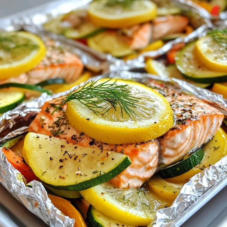- 2 salmon fillets (approximately 6 oz each) - 1 lemon, thinly sliced - 2 tablespoons fresh dill, finely chopped (or 1 tablespoon dried dill) - 2 tablespoons extra virgin olive oil - 1 medium zucchini, sliced into thin rounds - 1 bell pepper, thinly sliced (choose red or yellow for vibrant color) - 2 cloves garlic, minced - Salt and freshly ground black pepper to taste - Aluminum foil or parchment paper for sealing The key to making grilled lemon dill salmon packets lies in the ingredients. Fresh salmon fillets shine in this dish. I like using salmon because it is rich in flavor and healthy. You can find it at most grocery stores. Choose fillets that are bright and firm. Next, I add lemon slices. They bring a zesty kick to every bite. Fresh dill is next on the list. It adds a unique taste that pairs well with salmon. If you can't find fresh dill, dried dill works too. I also use extra virgin olive oil to keep the salmon moist. It adds a subtle fruity flavor to the dish. Now, let’s talk veggies. Zucchini is my go-to. It cooks quickly and adds a nice texture. Bell peppers add color and sweetness. I prefer red or yellow for their vibrant look. Lastly, I season with garlic, salt, and black pepper. These ingredients make the dish pop. Don't forget to have aluminum foil or parchment paper ready. This is crucial for sealing the packets and keeping everything juicy while grilling. {{ingredient_image_2}} - Cut two large pieces of aluminum foil. Each piece should be big enough to hold one salmon fillet and some veggies. - Make sure the foil is sturdy. This helps prevent tears while grilling. - Place one salmon fillet in the middle of each foil piece. - Drizzle one tablespoon of olive oil over each fillet. This helps keep the salmon moist. - Sprinkle the minced garlic, salt, and black pepper on top. These add great flavor to the fish. - Layer slices of zucchini and bell pepper on top of the salmon. This adds color and nutrients. - Place two to three lemon slices over the veggies. This brings a bright taste to the dish. - Sprinkle fresh dill over everything. It gives a lovely aroma and flavor. - Fold the sides of the foil over the salmon and veggies. Make a sealed packet but leave some space inside. This allows steam to cook the food evenly. - Preheat your grill to medium-high heat. - Place the foil packets on the grill. Cook for about 12 to 15 minutes. The salmon should look opaque and flake easily with a fork. The veggies will be tender. To ensure even cooking, make sure each salmon fillet is the same thickness. Place the foil packets on the hottest part of the grill. This helps the fish cook better. Always check the grill temperature before placing your packets on. For checking doneness, look for the salmon to turn opaque and flaky. Use a fork to test if it breaks apart easily. If it does, the salmon is ready to serve. You can add more herbs and spices for extra flavor. Try adding thyme or basil along with dill. These herbs pair well with the lemon and salmon. If you want a kick, add a sprinkle of red pepper flakes. For pairing, serve your salmon with a light side salad or crusty bread. This adds texture and freshness to your meal. Garnish your dish with fresh dill and a slice of lemon. This adds color and vibrancy to your plate. Serve the salmon and veggies right from the foil packets for a rustic look. This also keeps the flavors locked in. You can place the packets on a wooden board for a fun serving style. Pro Tips Use Fresh Ingredients: Fresh salmon and vegetables will significantly enhance the flavor of your dish. Whenever possible, choose seasonal produce for the best taste. Don't Overcrowd the Packets: Ensure that the salmon and vegetables have enough space in the foil packets. This allows for proper steam circulation, ensuring even cooking. Experiment with Flavors: Feel free to add other herbs and spices to customize the flavor profile. Options like thyme, rosemary, or even a splash of white wine can elevate your dish. Check for Doneness: To ensure your salmon is perfectly cooked, use a fork to check if it flakes easily. If it's still translucent in the center, give it a few more minutes on the grill. {{image_4}} You can change the main protein in this dish. Instead of salmon, try chicken or shrimp. Both options work well with the lemon and dill. They cook nicely in the foil packets too. You can also mix up the vegetables. Instead of zucchini and bell pepper, use asparagus or cherry tomatoes. Each veggie brings a new flavor and texture. Feel free to get creative with what you have on hand. Add different herbs for a new taste. Thyme or basil can give your dish a fresh twist. These herbs pair well with lemon and add depth to the meal. You can also switch up the citrus. Instead of lemon, try lime or oranges. Both options add a unique zing to the salmon. The key is to keep experimenting until you find your favorite mix! To keep your grilled lemon dill salmon fresh, store it properly. First, let the packets cool to room temperature. Place the leftovers in an airtight container. You can refrigerate them for up to three days. If you want to keep them longer, freezing is a great option. Wrap the salmon and veggies tightly in plastic wrap, then put them in a freezer-safe bag. This way, you can freeze them for up to three months. When you’re ready to enjoy your leftovers, reheating is key. The best method is to use the oven. Preheat it to 350°F (175°C). Place the salmon in a baking dish, cover it with foil, and heat for about 10 minutes. This keeps the fish moist and tasty. You can also use a microwave, but it may dry out the salmon. If you do, heat it in short bursts at 50% power. Enjoy your delicious meal again! Grilled salmon takes about 12 to 15 minutes to cook. You want the salmon to be opaque and flake easily with a fork. The time can vary based on the grill's heat and the thickness of the fillets. Yes, you can use frozen salmon. Just make sure to thaw it first. You can do this by placing it in the fridge overnight or running it under cold water for quick thawing. Thawed salmon cooks more evenly. Yes, this recipe is great for meal prep. You can make the foil packets ahead of time and store them in the fridge. When you're ready to eat, just grill them. It’s a quick and healthy option for busy days. You can serve the salmon with a light side salad or crusty bread. A quinoa salad or steamed rice also pairs well. These sides complement the flavors of the salmon and add texture to your meal. Absolutely! You can cook the foil packets in the oven. Preheat the oven to 400°F (200°C) and bake for about 15 to 20 minutes. This method works well if you do not have a grill. Just be sure to check for doneness. This blog post showed you how to create tasty grilled salmon packets. You learned about essential ingredients like salmon, veggies, and seasonings, plus how to prepare and cook them. I shared tips for even cooking and tasty variations for everyone. Remember, you can use different proteins and veggies to change things up. With these simple steps, you'll impress your family and friends with delicious meals every time. Enjoy your cooking!