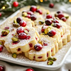 To make these tasty cranberry pistachio shortbread cookies, you will need: - 1 cup unsalted butter, softened - 2/3 cup powdered sugar, sifted - 1 teaspoon vanilla extract - 2 cups all-purpose flour, sifted - 1/2 cup pistachios, finely chopped - 1/2 cup dried cranberries, roughly chopped - 1/4 teaspoon fine sea salt - Zest of 1 orange, preferably organic You can switch some ingredients if needed: - Use salted butter for a different taste. Just skip the sea salt. - Almonds or walnuts work well in place of pistachios. - For fruit, feel free to swap dried cranberries with dried cherries or apricots. - If you need a gluten-free option, use a gluten-free flour blend. Accurate measuring is key to perfect cookies. Here are some tips: - Always sift flour before measuring. This helps with lightness. - Use a kitchen scale for precision in baking. One cup of flour is about 120 grams. - When measuring brown sugar, pack it firmly into the cup. - Use a dry measuring cup for ingredients like flour and sugar. - For liquids, use a clear liquid measuring cup to see the measurement line. These tips ensure you have the best chance of making perfect cranberry pistachio shortbread cookies every time! {{ingredient_image_2}} First, heat your oven to 350&deg;F (175&deg;C). This is the perfect temperature for baking. Next, line a baking sheet with parchment paper. This keeps the cookies from sticking. In a large bowl, cream 1 cup of softened butter with 2/3 cup of sifted powdered sugar. Use an electric mixer to combine until light and fluffy. This should take about 3 to 5 minutes. Add 1 teaspoon of vanilla extract and the zest of one orange. Mix well until everything is blended. Then, slowly add 2 cups of sifted all-purpose flour. Stir gently until just combined. Do not overmix; this helps keep the cookies soft. Now, fold in 1/2 cup of finely chopped pistachios, 1/2 cup of roughly chopped dried cranberries, and 1/4 teaspoon of fine sea salt. Make sure these tasty bits are mixed evenly. Lightly flour your work surface and turn the dough out. Shape it into a log about 2 inches wide. Wrap this log in plastic wrap and chill it for about 30 minutes. Chilling helps keep the shape. Once firm, take the log out and slice it into 1/4-inch thick rounds. Place them on the prepared baking sheet, leaving space between each cookie. Bake for 12 to 15 minutes until the edges are lightly golden. Keep an eye on them to avoid overbaking. After baking, let the cookies cool on the sheet for a few minutes. Then, transfer them to a wire rack to cool completely. This keeps them crisp. Enjoy your delightful cranberry pistachio shortbread! To get the best texture in your shortbread, start with soft butter. Creaming the butter and sugar well makes the dough light. Mix for about 3-5 minutes until it&rsquo;s fluffy. When adding flour, mix just until combined. Overmixing can make your cookies tough. Chilling the dough also helps keep the shape and gives a nice bite. A few common mistakes can ruin your cookies. First, don&rsquo;t skip the chilling step. It&rsquo;s key for shape and texture. Second, be careful not to overbake. You want the edges golden but the inside soft. Lastly, check your measurements. Accurate measuring is crucial for the right dough consistency. You can boost the flavors in these cookies easily. Adding a pinch of cinnamon or nutmeg gives warmth. Try using almond extract instead of vanilla for a different twist. You can also mix in other zests, like lemon or lime, for a fresh touch. These small changes make your cookies stand out. Pro Tips Butter Temperature: Ensure your butter is at room temperature for optimal creaming. This helps achieve a light and fluffy texture in your shortbread. Chill the Dough: Don't skip the chilling step! Refrigerating the dough for at least 30 minutes helps the cookies maintain their shape and prevents spreading. Even Slicing: When cutting the log into rounds, use a sharp knife and apply even pressure to make uniform slices, ensuring even baking. Storage Tips: Store your cookies in an airtight container at room temperature. They will stay fresh for about a week, but they can also be frozen for up to three months. {{image_4}} You can swap pistachios for other nuts. Walnuts work well for a rich, buttery flavor. Almonds add a nice crunch and a hint of sweetness. Hazelnuts offer a unique taste that pairs wonderfully with cranberries. Just chop the nuts finely, like you would with pistachios, and mix them in. While cranberries are lovely, you can use other dried fruits too. Dried cherries bring a tart twist that brightens the cookies. Apricots add a soft, chewy texture and a sweet flavor. You can even try raisins for a classic touch. Simply chop the fruit to a similar size as cranberries for even distribution. If you need a gluten-free option, it's easy to adapt this recipe. Use gluten-free all-purpose flour. This flour behaves like regular flour in most recipes. You might want to add a bit of xanthan gum to help with the texture. Just follow the package instructions for the right amount. This still gives you a delicious shortbread that everyone can enjoy! To keep your cranberry pistachio shortbread fresh, store it in an airtight container. This method prevents moisture from getting in and keeps the cookies crisp. Place parchment paper between layers of cookies to avoid sticking. Store at room temperature in a cool, dry place. If you want to enjoy these cookies later, freezing is a great option. First, let the cookies cool completely. Then, place them in a single layer on a baking sheet. Freeze them for about an hour until firm. After that, transfer them to a freezer-safe bag or container. Be sure to remove as much air as possible. They can last in the freezer for up to three months. Cranberry pistachio shortbread stays fresh for about one week at room temperature. If you notice any change in texture or smell, it&rsquo;s time to toss them. For the best taste, eat the cookies within the first few days. If you freeze them, remember to thaw them in the fridge overnight before enjoying. This keeps the flavor and texture just right. Yes, you can use salted butter. However, it may change the taste. Salted butter adds extra salt to the cookies. If you choose salted, skip the added sea salt in the recipe. This keeps the flavor balanced. You want to watch the edges closely. The cookies should be lightly golden at the edges. They should still look soft in the middle. If you bake them too long, they will be hard. A good rule is to check them at 12 minutes. Absolutely! You can prepare the dough and chill it overnight. Just wrap the log well in plastic wrap. When you are ready to bake, slice the cookies and bake as normal. This makes it easy to enjoy fresh cookies anytime. These cookies shine when served on a pretty plate. A light dusting of powdered sugar adds a nice touch. You can add whole cranberries and scattered pistachios for a festive look. Pair them with tea or coffee for a delightful treat. This blog post covered all you need to create cranberry pistachio shortbread. You learned about key ingredients, substitutes, and how to measure accurately. The step-by-step instructions made the baking process simple. Tips helped avoid common mistakes and enhance flavors. You even found variations and storage info for the best results. Remember, with practice, you can make these cookies perfect every time. Enjoy your baking journey and share your tasty creations with others!
