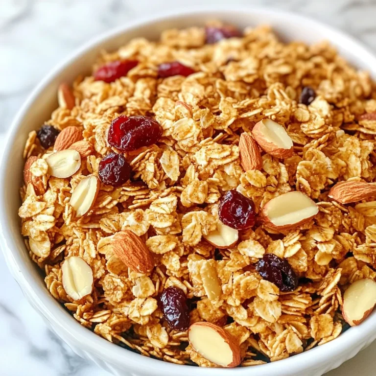 - 3 cups rolled oats - 1 cup sliced almonds - 1/2 cup honey or maple syrup - 1/4 cup coconut oil, melted - 1 teaspoon pure vanilla extract - 1/2 teaspoon ground cinnamon - 1/4 teaspoon sea salt - 1 cup dried cranberries or raisins (optional) You can swap honey for agave nectar or brown rice syrup. Maple syrup works well too. If you need a different fat, try using olive oil or avocado oil. These oils can add flavor and healthy fats, similar to coconut oil. This granola has about 200 calories per serving. It offers a balance of carbs, fats, and protein. You get about 6 grams of protein, 10 grams of fat, and 30 grams of carbs. The oats provide fiber, while almonds add healthy fats. With dried fruits, you also get vitamins like vitamin E and minerals like magnesium. This granola is a tasty and healthy snack! {{ingredient_image_2}} First, set your oven to 300°F (150°C). This low heat helps the granola crisp up without burning. Next, take a large baking sheet and line it with parchment paper. This makes cleanup easy and helps the granola not stick. In a big mixing bowl, combine 3 cups of rolled oats, 1 cup of sliced almonds, 1/2 teaspoon of ground cinnamon, and 1/4 teaspoon of sea salt. Use a spatula or a spoon to mix everything together well. Make sure the dry ingredients are evenly spread. In a small saucepan, put 1/2 cup of honey or maple syrup, 1/4 cup of melted coconut oil, and 1 teaspoon of pure vanilla extract. Heat this over low heat. Stir the mixture until it becomes smooth and well mixed. This should take just a few minutes. Once your wet mixture is ready, pour it over the dry ingredients. Use your spatula to stir gently. Make sure every piece of oat and almond gets coated. No dry spots should be left. This step is key for flavor. Spread the granola mixture evenly on your lined baking sheet. Make sure it's in a single layer. Bake it in the preheated oven for about 25 to 30 minutes. Halfway through, stir the granola. This helps it brown nicely and cook evenly. You want it to turn a lovely golden brown. After baking, take the granola out and let it cool on the baking sheet. Cooling is important because it helps the granola become crunchy. If you want, add in 1 cup of dried cranberries or raisins once it cools. This adds a sweet touch and more texture. To get that perfect crunch in your granola, follow these simple steps. First, make sure to bake your granola at 300°F (150°C). This low heat helps it cook evenly without burning. Next, spread the mixture in one even layer on the baking sheet. This ensures that every piece gets enough heat. Stir the granola halfway through baking. This keeps it from clumping and helps it brown evenly. Let the granola cool completely on the baking sheet. This cooling time allows it to firm up and reach maximum crunchiness. If you skip this step, you may end up with soggy granola. To boost the flavor of your granola, consider adding spices. Ground cinnamon is a great start, but you can also try nutmeg or ginger for an extra kick. For a richer vanilla taste, use high-quality vanilla extract. The pure version makes a big difference. You can even add a splash of almond extract for more depth. This little change can really elevate your granola’s flavor. Storing your granola correctly is key to keeping it fresh. Use an airtight container to keep out air and moisture. Glass jars work well and look nice too. Store your granola at room temperature. It will stay fresh for about two weeks. If you want to keep it longer, consider freezing it. Just make sure to use a freezer-safe bag or container. This way, you can enjoy your tasty granola whenever you want! Pro Tips Storage is Key: Keep your granola in an airtight container to maintain its crunchiness and freshness for up to two weeks. Mix It Up: Feel free to substitute the sliced almonds with other nuts or seeds like walnuts or pumpkin seeds for a different flavor profile. Customize Sweetness: Adjust the amount of honey or maple syrup based on your taste preference or try using agave syrup for a vegan option. Even Baking: Stir the granola halfway through baking to ensure it browns evenly, preventing any parts from becoming too dark or burnt. {{image_4}} You can switch up the nuts in your granola. Instead of sliced almonds, try walnuts or pecans. These nuts add a rich flavor and crunch. You can also add seeds like pumpkin or sunflower seeds. They boost the nutrition and add more texture. Just remember to adjust the amounts to keep the balance. Want to make your granola even more exciting? Try adding spices! Ginger or nutmeg can bring warmth to your mix. Just a sprinkle of either can change the whole taste. You can also mix in cocoa powder for a chocolate twist. Don’t be afraid to experiment with flavors you love. If you prefer your granola less sweet, you can cut back on the honey or maple syrup. Start with a little less and see how it tastes. You can always add a drizzle later. If you like it sweeter, add more. You can also use a sugar alternative like agave or stevia. Adjusting the sweetness lets you make this snack just how you like it. To keep your granola fresh, use an airtight container. Glass jars or plastic bins work well. Make sure to store it in a cool, dry place. This helps to keep it crunchy and full of flavor. Avoid keeping it near heat sources or sunlight. At room temperature, the granola lasts about two weeks. After that, it may lose its crunch. If you notice your granola becoming stale, it’s time to toss it out. Remember to check for any signs of spoilage, like an off smell or change in texture. For long-term storage, you can freeze the granola. Place it in a freezer-safe bag or container. Seal it tightly to prevent freezer burn. It can last for up to three months in the freezer. When you’re ready to enjoy it, just thaw it at room temperature or pop it into the oven for a few minutes to refresh its crunch. Yes, you can easily make this granola vegan. Just swap honey for maple syrup or agave nectar. Both give a sweet taste without animal products. This change keeps the granola sticky and delicious. You can also use brown rice syrup as an option. It works well too! To turn the granola into bars, adjust the recipe slightly. After mixing, press the granola firmly into a lined baking pan. Use a spatula to create an even layer. Bake it for about 20 minutes instead of 30. Let it cool completely before cutting into bars. This way, you get chewy and tasty granola bars! Homemade granola offers many health benefits. You control the ingredients, so you avoid extra sugars and preservatives. You can choose whole, natural foods like oats and nuts. These provide fiber and healthy fats. Store-bought granola often has hidden sugars and oils. Making your own lets you stay healthy without sacrificing taste. Yes, you can add protein easily! Mix in a scoop of protein powder when combining the dry ingredients. You can also add seeds like chia or hemp. They boost protein and add a nice crunch. Nuts can also enhance protein content, so feel free to mix your favorites! Homemade granola is easy and fun to make. We covered key ingredients, substitutions, and nutritional details. The step-by-step guide simplifies the process, ensuring your granola turns out crunchy and flavorful. With tips for storage and variations, you can personalize each batch. Experiment with flavors and ingredients to suit your taste. This granola is healthier than store-bought options, making it a great choice for snacking or breakfast. Enjoy the satisfaction of creating something delicious and nutritious!