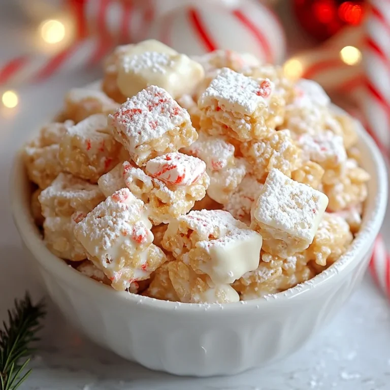 - 9 cups rice cereal (Chex) - 1 cup white chocolate chips - ½ cup creamy peanut butter - ¼ cup unsalted butter - 1 teaspoon peppermint extract - 1 cup powdered sugar - ½ cup crushed peppermint candies The main ingredients make this treat special. Rice cereal gives it a nice crunch. White chocolate and peanut butter blend to form a creamy mix. The butter helps it melt smoothly. Peppermint extract adds a festive touch. Powdered sugar coats it for sweetness. Crushed peppermint candies provide extra flavor and crunch. - Additional crushed peppermint for decoration - Serving suggestions (festive jars or cones) Garnishes can make your muddy buddies even more fun. You can sprinkle more crushed peppermint on top. It adds color and a holiday vibe. Serve them in festive jars or cones. This makes a great gift or party treat. Each serving will look lovely and taste amazing. {{ingredient_image_2}} First, measure out 9 cups of rice cereal. Set it aside in a large bowl. This cereal will hold all the yummy flavors. In a microwave-safe bowl, mix 1 cup of white chocolate chips, ½ cup of creamy peanut butter, and ¼ cup of unsalted butter. Heat this in the microwave for 30 seconds. Stir well after each time you heat it. Keep heating until it’s smooth and blended. Now, stir in 1 teaspoon of peppermint extract. This gives your mixture a nice minty flavor. Then, pour the melted chocolate mix over the rice cereal. Gently fold the cereal in. Make sure every piece is coated well with the chocolate. Take a large resealable bag and add 1 cup of powdered sugar. Put the coated rice cereal into the bag. Seal it shut and shake it gently. This will coat the cereal with powdered sugar. Next, add in ½ cup of crushed peppermint candies. Seal the bag again and shake once more to spread the peppermint bits evenly. Now, spread your muddy buddies onto a baking sheet lined with parchment paper. Let them cool for about 30 minutes. This helps them set and firm up. Finally, sprinkle extra crushed peppermint on top for a festive touch. To get a great coating on the cereal, pour the melted chocolate mix slowly. This helps each piece get covered well. Use a spatula to gently fold the cereal. Don't rush; make sure every piece is coated. When melting chocolate, use a microwave-safe bowl. Heat in 30-second bursts. Stir after each time to keep it smooth. If it’s too thick, add a tiny bit of butter. This keeps it creamy and easy to mix. You can prepare these muddy buddies a day before you serve them. Store them in an airtight container after they cool. This keeps them fresh and tasty. They last about a week if stored well. Pre-chill for a few hours to help them set. This makes them firm and easy to serve. If you want them to last longer, keep them in the fridge. For a fun presentation, use festive paper cones. You can also fill glass jars and tie them with a ribbon. They make great gifts for friends and family during the holidays. Consider adding a tag that shares the recipe. This way, your gift brings joy and inspiration. Enjoy sharing these tasty treats at parties or gatherings! Pro Tips Use High-Quality White Chocolate: Opt for premium white chocolate chips for a smoother melt and richer flavor in your muddy buddies. Customize the Peppermint Flavor: Adjust the amount of peppermint extract according to your taste preference; start with less and add more if desired. Chill for Best Texture: Allow the muddy buddies to chill longer if you prefer a firmer texture; this helps them hold their shape better. Experiment with Add-Ins: Feel free to mix in other toppings like chocolate sprinkles or nuts for added crunch and variety in flavors. {{image_4}} You can change the flavor of your muddy buddies easily. Instead of peppermint extract, try using vanilla or almond extract. This small switch gives a new taste twist. You can explore many flavors based on your mood or season. For a fun mix, use orange extract for a citrus kick. Each flavor brings its own charm to the mix. If you need gluten-free options, use puffed rice instead of rice cereal. This keeps the texture light and crunchy. For dairy-free swaps, choose dairy-free chocolate chips and nut butter. These changes let everyone enjoy muddy buddies. You can still have fun without any gluten or dairy. Change the crushed candies to fit the season. For spring, use crushed chocolate eggs. In the fall, swap in crushed toffee for a rich flavor. You can match the treats to holidays too! Use red and green crushed candies for Christmas. Each season brings a chance to make your muddy buddies unique and fun. To keep your Peppermint White Chocolate Muddy Buddies fresh, use an airtight container. A glass jar or a plastic container with a tight lid works best. Make sure the buddies are completely cool before storing. This prevents moisture from forming inside the container. You can store them at room temperature for up to one week. For longer freshness, keep them in the fridge. They can last up to two weeks when refrigerated. If you want to save some for later, freezing works great. First, spread the muddy buddies on a baking sheet in a single layer. Freeze them for about one hour. This step helps keep them from clumping together. After they are frozen, transfer them to a freezer-safe bag. Remove as much air as possible before sealing. They can stay in the freezer for three months. When you’re ready to eat them, take them out and let them sit at room temperature for 15 to 20 minutes. Enjoy them as a cool treat! Peppermint White Chocolate Muddy Buddies can last up to two weeks. Store them in an airtight container to keep them fresh. If you want them to last longer, you can freeze them. Just make sure to use a freezer-safe bag. They’ll keep well for about a month in the freezer. Yes, you can modify the recipe easily. Here are some common customizations: - Swap white chocolate chips for dark chocolate or milk chocolate. - Use almond butter instead of peanut butter for a nut-free option. - Add in some mini marshmallows or nuts for extra texture. These changes can give your muddy buddies a unique twist. Crushing peppermint candies can be fun and easy. Here are some methods: - Place candies in a zip-top bag and seal it tightly. - Use a rolling pin to crush them gently. - For a finer crush, use a food processor. These methods help you get the right size for your recipe without too much effort. Yes, there are alternatives to white chocolate if you want to try something different. Consider these options: - Use dark chocolate for a richer flavor. - Milk chocolate gives a creamier taste. - You can even try butterscotch chips for a sweet twist. These alternatives can change the flavor profile while still keeping it delicious. In this post, we explored making Peppermint White Chocolate Muddy Buddies. We covered ingredients and step-by-step instructions. I shared tips on perfecting the recipe and suggested fun variations. Storage info ensures your treats stay fresh. Try these sweet bites for your next gathering. They are easy to share and delight everyone. Enjoy making them your own, and don’t forget to have fun in the kitchen!