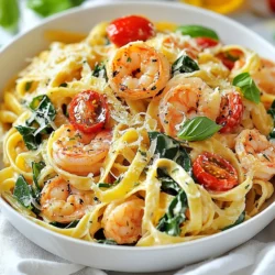 To make this tasty dish, gather these main ingredients: - 12 oz fettuccine pasta - 1 lb large shrimp, peeled and deveined - 3 cloves garlic, minced - 1 cup cherry tomatoes, halved - 2 cups fresh spinach - 1 cup heavy cream - 1/2 cup sun-dried tomatoes, chopped - 2 tablespoons olive oil - 1 teaspoon Italian seasoning - Salt and black pepper, to taste - 1/4 cup grated Parmesan cheese (for topping) - Fresh basil leaves (for garnish) These ingredients mix together to create a rich and creamy sauce. The shrimp adds a nice protein punch, while the spinach and tomatoes bring freshness. If you want to add more flavor, consider these optional ingredients: - 1/2 teaspoon red pepper flakes (for spice) This little addition gives the dish a nice kick. Adjust it to your taste. To cook this dish, you'll need a few key tools: - Large pot for boiling pasta - Large skillet for saut&eacute;ing - Wooden spoon or spatula for mixing - Measuring cups and spoons for accuracy Using the right tools makes the cooking easy and fun. Enjoy the process as you create this wonderful meal! {{ingredient_image_2}} To start, bring a large pot of salted water to a boil. Salt helps the pasta taste good. Add 12 ounces of fettuccine and cook according to the package instructions until it is al dente. This usually takes about 8 to 10 minutes. Before draining the pasta, reserve half a cup of the pasta water. This water helps the sauce later. Drain the pasta and set it aside while you prepare the shrimp. Next, heat 2 tablespoons of olive oil in a large skillet over medium heat. Wait until the oil shimmers, which shows it is hot. Add 1 pound of large shrimp, peeled and deveined. Season them with salt, black pepper, and 1 teaspoon of Italian seasoning. Cook the shrimp for about 2 to 3 minutes on each side. They should turn pink and opaque when done. Once cooked, remove the shrimp from the skillet and set them aside. In the same skillet, add 3 minced garlic cloves and 1/2 teaspoon of red pepper flakes if you want some heat. Saut&eacute; for about 30 seconds until the garlic smells good. Then, add 1 cup of halved cherry tomatoes and 1/2 cup of chopped sun-dried tomatoes. Cook this mixture for about 3 to 4 minutes until the tomatoes soften and start to release their juices. Lower the heat and pour in 1 cup of heavy cream. Let the sauce simmer gently for about 2 minutes. This helps it thicken. If the sauce gets too thick, add a splash of the reserved pasta water until you like the consistency. Toss in 2 cups of fresh spinach and stir until it wilts. Next, add the saut&eacute;ed shrimp back to the skillet. Mix everything well. Finally, fold in the drained fettuccine, making sure it gets coated with the creamy sauce. Taste your pasta and adjust the seasoning with salt or pepper as needed. Serve the dish hot, topping it with 1/4 cup of grated Parmesan cheese. For a fresh touch, add some basil leaves on top. Serve in a large pasta bowl or platter and enjoy this delightful meal! To make your Tuscan shrimp pasta the best, focus on these tips: - Use fresh shrimp: Fresh shrimp taste better than frozen ones. Look for shrimp with a slight sheen. - Don&rsquo;t overcook the pasta: Cook the fettuccine until al dente. It should still have a firm bite. - Reserve pasta water: Save some pasta water before draining. This helps thicken your sauce and adds flavor. - Saut&eacute; garlic carefully: Cook garlic just until fragrant. If it burns, it turns bitter. - Add spinach last: Toss in the spinach at the end. This keeps it bright and fresh. Avoid these common mistakes to ensure success: - Not seasoning the shrimp: Season shrimp well with salt and pepper. This enhances their natural flavor. - Using too much cream: Follow the recipe for cream. Too much can make the dish heavy. - Skipping the sun-dried tomatoes: They add a rich flavor. Don&rsquo;t leave them out! - Overcooking shrimp: Shrimp cooks quickly. Remove them from heat as soon as they turn pink. - Not tasting before serving: Always taste your dish. Adjust seasoning as needed for the best flavor. Follow these best practices for perfect shrimp every time: - Pat shrimp dry: Before cooking, pat shrimp dry with a paper towel. This helps them sear nicely. - Cook in batches: If you have many shrimp, cook them in batches. This prevents steaming. - Use medium heat: Cook shrimp over medium heat for even cooking. High heat can cause them to toughen. - Look for color change: Shrimp are done when they turn pink and opaque. This usually takes 2-3 minutes per side. - Let them rest: After cooking, let shrimp rest briefly. This helps keep them juicy and tender. Pro Tips Use Fresh Ingredients: Opt for fresh shrimp and vibrant spinach to enhance the dish's flavor and presentation. Adjust the Spice Level: Control the heat by adjusting the amount of red pepper flakes according to your taste preference. Reserve Pasta Water: Always save a bit of pasta cooking water; it helps in adjusting the sauce consistency without losing flavor. Serve Immediately: For the best texture, serve the pasta right after combining it with the sauce to prevent it from becoming soggy. {{image_4}} If you want to switch the shrimp, you have options. Chicken works well in this dish. Cut it into bite-sized pieces and saut&eacute; it like the shrimp. You can also try scallops. They cook quickly and add a nice flavor. For a seafood twist, use fish like salmon or tilapia. Just make sure not to overcook them, as they can dry out. For a vegetarian take, skip the shrimp and add more veggies. Zucchini, bell peppers, or mushrooms are great choices. You can also add chickpeas for protein. To make it vegan, use coconut cream instead of heavy cream. Replace Parmesan cheese with a vegan cheese or nutritional yeast for a cheesy flavor. This way, you can enjoy a creamy, rich dish without any animal products. Fettuccine is classic, but feel free to try other types of pasta. Penne, linguine, or even whole wheat pasta can work well. Gluten-free pasta is a good choice for those with gluten issues. Just cook according to the package instructions for the best results. Each pasta shape gives a different texture and taste, so experiment until you find your favorite! After you enjoy your Tuscan shrimp pasta, let any leftovers cool. Place the pasta in an airtight container. Store it in the fridge for up to three days. Make sure the lid is on tight to keep it fresh. This dish tastes great even the next day! To reheat the pasta, you have a few options. The best way is to use the stove. Pour the pasta into a skillet on low heat. Add a splash of heavy cream or pasta water. Stir until it's warm. You can also use a microwave. Place the pasta in a bowl and cover it with a damp paper towel. Heat for 1-2 minutes, stirring halfway through. You can freeze Tuscan shrimp pasta, but it&rsquo;s best to do this without the shrimp. Cooked shrimp can become rubbery when frozen. Store the pasta in a freezer-safe container, leaving space for expansion. It can stay in the freezer for up to three months. When you're ready to eat, thaw it in the fridge overnight. Then, reheat as mentioned above. Enjoy your tasty pasta later! Yes, you can use frozen shrimp. Just thaw them first. Place frozen shrimp in cold water for about 15-20 minutes. Once thawed, peel and devein them if needed. Then, follow the recipe as usual. Frozen shrimp work well and are often just as tasty. Tuscan Shrimp Pasta pairs well with a few sides. Here are some ideas: - Garlic bread or crusty bread for dipping - A fresh green salad with a light vinaigrette - Roasted vegetables for a healthy touch - A glass of white wine to enhance the flavors These sides add variety and balance to your meal. To add spice, use red pepper flakes. Start with 1/2 teaspoon in the sauce. You can adjust the amount to your taste. Another option is to add diced jalape&ntilde;os or fresh chili peppers. Both will bring heat and flavor to your pasta. Yes, Tuscan Shrimp Pasta can be healthy. It includes shrimp, which are high in protein and low in calories. Fresh spinach adds vitamins and minerals. Use whole wheat fettuccine for added fiber. Keep an eye on the cream and cheese for calories, but enjoy in moderation. Overall, it&rsquo;s a tasty choice for a balanced meal. In this article, we explored the tasty world of Tuscan shrimp pasta. We discussed key ingredients, from shrimp to sauce, and shared step-by-step instructions for cooking. You learned tips to perfect the dish and ways to adapt it for different diets. Finally, I covered storage and reheating methods to keep your meal fresh. Tuscan shrimp pasta is easy to make and delicious to eat. Whether you're a pro or a beginner, you can create a tasty meal that everyone will enjoy. Enjoy cooking this dish and trying new ideas!