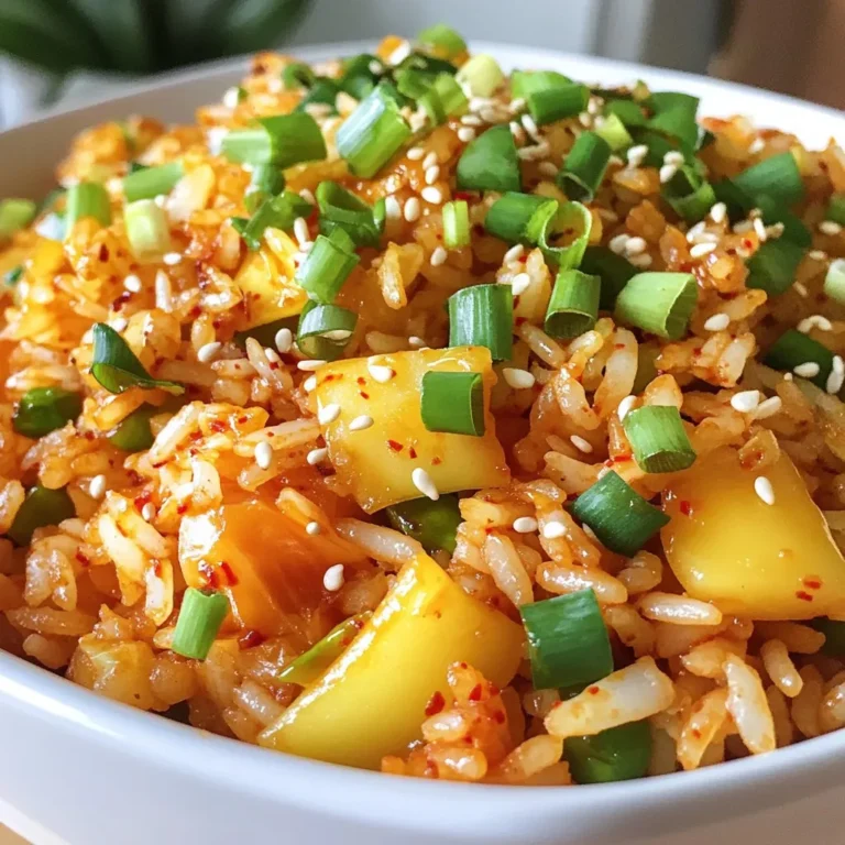 - 2 cups cooked rice (preferably a day old for best texture) - 1 cup kimchi, chopped into bite-sized pieces - 1 tablespoon vegetable oil (or your favorite cooking oil) - 2 cloves garlic, minced - 1 small onion, diced finely - 1 carrot, diced small - ½ cup frozen peas - 2 green onions, sliced (reserve some for garnish) - 2 large eggs (optional, for a protein boost) - 2 tablespoons soy sauce - 1 tablespoon gochujang (Korean chili paste for a spicy kick) - Salt and pepper to taste - Sesame oil for drizzling - Sesame seeds for garnish Using these ingredients, you can make a dish that is both spicy and satisfying. The base is cooked rice, which must be cool or a day old. This helps the rice fry nicely without getting mushy. Kimchi gives the dish its unique flavor, so choose a variety you like best. You can add garlic and onion for depth. They bring out the flavors and create a lovely aroma. I like to include extra veggies like carrots and peas. They add color and crunch. If you want to boost protein, add eggs. They make the dish more filling. The soy sauce and gochujang add saltiness and heat. Be careful with the gochujang; it can be quite spicy. Finish with sesame oil and seeds for a nice touch. This dish is all about balance, so feel free to adjust the seasonings. Enjoy creating this flavorful meal! {{ingredient_image_2}} 1. Heat the oil: Start by heating 1 tablespoon of vegetable oil in a large skillet or wok over medium heat. Wait until the oil shimmers. 2. Sauté garlic and onion: Add 2 cloves of minced garlic and 1 small diced onion. Cook them for about 2-3 minutes. You want the garlic to smell nice and the onion to turn soft and clear. 3. Add the carrot: Next, toss in 1 small diced carrot. Stir and cook for another 3 minutes. This step helps the carrot soften and blend in with the flavors. 4. Stir in the kimchi: Now, add 1 cup of chopped kimchi to the skillet. Let it cook for 2-3 minutes. This will help the kimchi's spicy flavors mix into the dish. 5. Mix in the rice: Add 2 cups of cooked rice. Use a spatula to break any clumps. Mix everything well so the rice gets coated in the kimchi and veggies. 6. Drizzle soy sauce and gochujang: Pour in 2 tablespoons of soy sauce and 1 tablespoon of gochujang. Stir to combine all the flavors. 7. Add peas and green onions: Toss in ½ cup of frozen peas and 2 sliced green onions. Season with salt and pepper. Cook for another 3-5 minutes. This will give your rice a crispy bit at the bottom. 8. Incorporate eggs: If you want to include eggs, push the rice to one side. Crack in 2 large eggs into the empty space. Scramble the eggs until they are fully cooked. Then fold them into the rice mixture. 9. Finish with sesame oil: Remove the skillet from heat. Drizzle some sesame oil over the fried rice. Give it a light toss to mix. Your spicy kimchi fried rice is ready to enjoy! Using day-old rice is key for great fried rice. It dries out a bit, which helps make the rice crispy. Fresh rice can work too, but it needs some care. If you must use fresh rice, spread it out on a baking sheet. Let it cool for about 30 minutes. This will help it dry out a little. Gochujang gives kimchi fried rice its spicy kick. You can adjust the spice by using less gochujang. Start with one teaspoon if you want it milder. You can also use sriracha or even a mild chili paste instead, if you prefer. Serve your spicy kimchi fried rice in a bowl for a nice look. Top it with green onions and sesame seeds for crunch. You can also add a few slices of fresh cucumber on the side. This adds a cool contrast to the heat of the dish. Extra kimchi on the side is a great idea for those who like more spice! Pro Tips Use Day-Old Rice: For the best texture, use rice that has been cooked and refrigerated for at least a day. This will help the grains to firm up and prevent them from becoming mushy during frying. Customize the Spice Level: Adjust the amount of gochujang according to your heat preference. You can also add fresh chilies or chili flakes if you want an extra kick! Texture Matters: Allow the fried rice to develop a crispy bottom by not stirring it too often while it's frying. This will add a delightful crunch to the dish. Garnish for Freshness: Don’t skip the green onions and sesame seeds as garnish. They add a fresh flavor and a nice crunch that elevates the overall dish. {{image_4}} You can easily make this dish vegetarian by skipping the meat. Instead, add more veggies. Try bell peppers, zucchini, or mushrooms. They bring color and taste. You can also use extra kimchi for a bolder flavor. Don’t forget to add some tofu for protein. It soaks up flavors well. If you want a protein boost, try adding chicken or beef. Cook them first and set them aside. Mix them into the rice near the end. Tofu is a great choice too. It’s a tasty option for vegetarians. You can also use eggs. Scrambled eggs or fried eggs on top work great. They add richness and flavor. To enhance the taste, think about other sauces. Sriracha or sesame oil can add extra kick. You can also add a splash of rice vinegar for balance. Flavored oils, like chili oil, bring a new layer. Use aromatics like ginger or shallots for more depth. They make your fried rice even more exciting. To store your spicy kimchi fried rice, use an airtight container. Glass or plastic containers work well. Make sure the rice cools to room temperature first. This helps keep it fresh. You can store it in the fridge for up to three days. For quick reheating, the microwave is the easiest. Place the rice in a microwave-safe bowl. Add a splash of water to prevent it from drying out. Cover it with a damp paper towel. Heat it for one to two minutes, stirring halfway through. If you prefer using a skillet, heat a little oil in the pan. Add the rice and stir it often. This method gives the rice a nice crisp. Heat until it’s hot and ready to eat. Yes, you can freeze spicy kimchi fried rice! This is a great way to save leftovers. Let the rice cool completely before freezing. Transfer it to a freezer-safe bag or container. Remove as much air as possible. Label it with the date for easy tracking. To thaw, place the frozen rice in the fridge overnight. If you're in a hurry, you can use the microwave. Heat it on a low setting until it softens. Enjoy your delicious fried rice anytime! The best type of kimchi for fried rice is napa cabbage kimchi. It has a nice crunch and a bold flavor. You can also use radish kimchi for a different taste. Each type brings its unique twist. If you want less spice, look for mild kimchi varieties. Always choose kimchi that is fermented well for richer flavor. Yes, you can use fresh rice. However, it may make your dish a bit sticky. Day-old rice has dried out slightly, which helps it fry better. Fresh rice can clump together when heated. If you use fresh rice, spread it out on a tray to cool. This step helps reduce stickiness and improves texture. It can be gluten-free! Use gluten-free soy sauce instead of regular soy sauce. Many brands offer this option. For gochujang, check the label for gluten-free versions. Some brands may add wheat in their ingredients. Always read labels to ensure your meal is safe and gluten-free. You've learned how to make a tasty Kimchi Fried Rice. Start with cooked rice and your favorite kimchi. Sauté garlic and onion, then mix in fresh veggies. Season it with soy sauce and gochujang for flavor. Remember to adjust spice levels to fit your taste. You can personalize your dish by adding proteins or more veggies. Store any leftovers in the right container. Keep experimenting and enjoy each bite, because cooking is all about having fun and sharing meals!