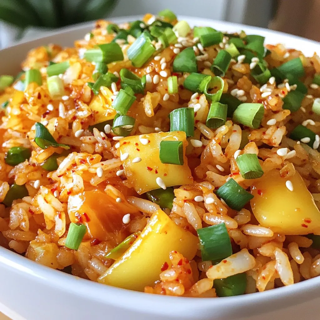 - 2 cups cooked rice (preferably a day old for best texture) - 1 cup kimchi, chopped into bite-sized pieces - 1 tablespoon vegetable oil (or your favorite cooking oil) - 2 cloves garlic, minced - 1 small onion, diced finely - 1 carrot, diced small - ½ cup frozen peas - 2 green onions, sliced (reserve some for garnish) - 2 large eggs (optional, for a protein boost) - 2 tablespoons soy sauce - 1 tablespoon gochujang (Korean chili paste for a spicy kick) - Salt and pepper to taste - Sesame oil for drizzling - Sesame seeds for garnish Using these ingredients, you can make a dish that is both spicy and satisfying. The base is cooked rice, which must be cool or a day old. This helps the rice fry nicely without getting mushy. Kimchi gives the dish its unique flavor, so choose a variety you like best. You can add garlic and onion for depth. They bring out the flavors and create a lovely aroma. I like to include extra veggies like carrots and peas. They add color and crunch. If you want to boost protein, add eggs. They make the dish more filling. The soy sauce and gochujang add saltiness and heat. Be careful with the gochujang; it can be quite spicy. Finish with sesame oil and seeds for a nice touch. This dish is all about balance, so feel free to adjust the seasonings. Enjoy creating this flavorful meal! {{ingredient_image_2}} 1. Heat the oil: Start by heating 1 tablespoon of vegetable oil in a large skillet or wok over medium heat. Wait until the oil shimmers. 2. Sauté garlic and onion: Add 2 cloves of minced garlic and 1 small diced onion. Cook them for about 2-3 minutes. You want the garlic to smell nice and the onion to turn soft and clear. 3. Add the carrot: Next, toss in 1 small diced carrot. Stir and cook for another 3 minutes. This step helps the carrot soften and blend in with the flavors. 4. Stir in the kimchi: Now, add 1 cup of chopped kimchi to the skillet. Let it cook for 2-3 minutes. This will help the kimchi's spicy flavors mix into the dish. 5. Mix in the rice: Add 2 cups of cooked rice. Use a spatula to break any clumps. Mix everything well so the rice gets coated in the kimchi and veggies. 6. Drizzle soy sauce and gochujang: Pour in 2 tablespoons of soy sauce and 1 tablespoon of gochujang. Stir to combine all the flavors. 7. Add peas and green onions: Toss in ½ cup of frozen peas and 2 sliced green onions. Season with salt and pepper. Cook for another 3-5 minutes. This will give your rice a crispy bit at the bottom. 8. Incorporate eggs: If you want to include eggs, push the rice to one side. Crack in 2 large eggs into the empty space. Scramble the eggs until they are fully cooked. Then fold them into the rice mixture. 9. Finish with sesame oil: Remove the skillet from heat. Drizzle some sesame oil over the fried rice. Give it a light toss to mix. Your spicy kimchi fried rice is ready to enjoy! Using day-old rice is key for great fried rice. It dries out a bit, which helps make the rice crispy. Fresh rice can work too, but it needs some care. If you must use fresh rice, spread it out on a baking sheet. Let it cool for about 30 minutes. This will help it dry out a little. Gochujang gives kimchi fried rice its spicy kick. You can adjust the spice by using less gochujang. Start with one teaspoon if you want it milder. You can also use sriracha or even a mild chili paste instead, if you prefer. Serve your spicy kimchi fried rice in a bowl for a nice look. Top it with green onions and sesame seeds for crunch. You can also add a few slices of fresh cucumber on the side. This adds a cool contrast to the heat of the dish. Extra kimchi on the side is a great idea for those who like more spice! Pro Tips Use Day-Old Rice: For the best texture, use rice that has been cooked and refrigerated for at least a day. This will help the grains to firm up and prevent them from becoming mushy during frying. Customize the Spice Level: Adjust the amount of gochujang according to your heat preference. You can also add fresh chilies or chili flakes if you want an extra kick! Texture Matters: Allow the fried rice to develop a crispy bottom by not stirring it too often while it's frying. This will add a delightful crunch to the dish. Garnish for Freshness: Don’t skip the green onions and sesame seeds as garnish. They add a fresh flavor and a nice crunch that elevates the overall dish. {{image_4}} You can easily make this dish vegetarian by skipping the meat. Instead, add more veggies. Try bell peppers, zucchini, or mushrooms. They bring color and taste. You can also use extra kimchi for a bolder flavor. Don’t forget to add some tofu for protein. It soaks up flavors well. If you want a protein boost, try adding chicken or beef. Cook them first and set them aside. Mix them into the rice near the end. Tofu is a great choice too. It’s a tasty option for vegetarians. You can also use eggs. Scrambled eggs or fried eggs on top work great. They add richness and flavor. To enhance the taste, think about other sauces. Sriracha or sesame oil can add extra kick. You can also add a splash of rice vinegar for balance. Flavored oils, like chili oil, bring a new layer. Use aromatics like ginger or shallots for more depth. They make your fried rice even more exciting. To store your spicy kimchi fried rice, use an airtight container. Glass or plastic containers work well. Make sure the rice cools to room temperature first. This helps keep it fresh. You can store it in the fridge for up to three days. For quick reheating, the microwave is the easiest. Place the rice in a microwave-safe bowl. Add a splash of water to prevent it from drying out. Cover it with a damp paper towel. Heat it for one to two minutes, stirring halfway through. If you prefer using a skillet, heat a little oil in the pan. Add the rice and stir it often. This method gives the rice a nice crisp. Heat until it’s hot and ready to eat. Yes, you can freeze spicy kimchi fried rice! This is a great way to save leftovers. Let the rice cool completely before freezing. Transfer it to a freezer-safe bag or container. Remove as much air as possible. Label it with the date for easy tracking. To thaw, place the frozen rice in the fridge overnight. If you're in a hurry, you can use the microwave. Heat it on a low setting until it softens. Enjoy your delicious fried rice anytime! The best type of kimchi for fried rice is napa cabbage kimchi. It has a nice crunch and a bold flavor. You can also use radish kimchi for a different taste. Each type brings its unique twist. If you want less spice, look for mild kimchi varieties. Always choose kimchi that is fermented well for richer flavor. Yes, you can use fresh rice. However, it may make your dish a bit sticky. Day-old rice has dried out slightly, which helps it fry better. Fresh rice can clump together when heated. If you use fresh rice, spread it out on a tray to cool. This step helps reduce stickiness and improves texture. It can be gluten-free! Use gluten-free soy sauce instead of regular soy sauce. Many brands offer this option. For gochujang, check the label for gluten-free versions. Some brands may add wheat in their ingredients. Always read labels to ensure your meal is safe and gluten-free. You've learned how to make a tasty Kimchi Fried Rice. Start with cooked rice and your favorite kimchi. Sauté garlic and onion, then mix in fresh veggies. Season it with soy sauce and gochujang for flavor. Remember to adjust spice levels to fit your taste. You can personalize your dish by adding proteins or more veggies. Store any leftovers in the right container. Keep experimenting and enjoy each bite, because cooking is all about having fun and sharing meals!