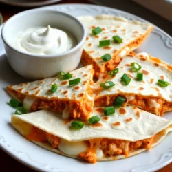 - 2 cups cooked chicken, shredded - 1/2 cup buffalo sauce - 1 cup shredded mozzarella cheese - 1 cup shredded cheddar cheese - 1/2 cup cream cheese, softened and at room temperature - 6 large flour tortillas - 2 tablespoons olive oil, divided - Chopped green onions - Sour cream - Salt - Freshly ground black pepper When making buffalo chicken quesadillas, you need key ingredients for great flavor. Start with cooked chicken. I like to shred it to mix easily with the sauce. Buffalo sauce adds heat and tang. Cream cheese makes the filling creamy and rich. Cheese is crucial. I use both mozzarella and cheddar for their melting qualities. Flour tortillas wrap everything up nicely. Olive oil helps the tortillas crisp up in the pan. For a fresh touch, you can add chopped green onions. They add crunch and a burst of flavor. If you want, serve with sour cream on the side for cooling spice. Lastly, don't forget the seasoning. A little salt and freshly ground black pepper can enhance all the flavors. {{ingredient_image_2}} To make the filling, first, take 2 cups of cooked chicken and shred it. In a bowl, mix the shredded chicken with 1/2 cup of buffalo sauce and 1/2 cup of softened cream cheese. Stir until it is smooth and creamy. This step is key for great taste. Taste the mixture and add salt and black pepper as you like. This will ensure it has the right flavor. Next, heat a non-stick skillet over medium heat. Add 1 tablespoon of olive oil and let it warm for about a minute. Lay one large flour tortilla flat in the skillet. Sprinkle half of the shredded mozzarella and cheddar cheeses evenly over the tortilla. Then, add half of the buffalo chicken mixture on one side. Spread it out evenly and top it with chopped green onions for extra flavor. Carefully fold the tortilla in half. Press down gently to seal the edges. Cook for about 3-4 minutes on each side. The tortilla should turn golden brown, and the cheese will melt inside. Once cooked, remove the quesadilla from the skillet and place it on a cutting board. Use a sharp knife or pizza cutter to slice the quesadilla into wedges. For a nice presentation, arrange the wedges on a colorful platter. Sprinkle more chopped green onions on top and serve with a small bowl of sour cream for dipping. Enjoy your delicious meal! To get a perfect brown on your tortilla, keep the heat steady. Cook on medium heat. If it&rsquo;s too high, the outside will burn before the inside warms. Flip the quesadilla when it turns golden. For cheese that melts just right, use a mix of mozzarella and cheddar. Mozzarella melts smoothly, while cheddar adds flavor. Spice up your quesadilla with extra seasonings. Try garlic powder, onion powder, or smoked paprika. These will add depth to your dish. You can also make your own buffalo sauce. Combine hot sauce with melted butter and a pinch of garlic for a fresh twist. You can adjust the spice level easily. Add more buffalo sauce for heat or less for a milder taste. If you prefer a vegetarian option, swap out the chicken for saut&eacute;ed mushrooms or roasted cauliflower. These will still give you a hearty filling. Pro Tips Use Fresh Ingredients: Always opt for fresh green onions and quality cheeses to enhance the flavor of your quesadillas. Customize the Heat: Adjust the amount of buffalo sauce based on your spice preference. You can also mix in some ranch seasoning for a milder flavor. Cheese Blend: Combine different types of cheese for a richer taste. Try adding pepper jack cheese for an extra kick! Make Ahead: You can prepare the buffalo chicken mixture in advance and store it in the fridge for up to 2 days. Just assemble and cook when you're ready! {{image_4}} You can swap chicken for turkey or beef. Both work well in quesadillas. Turkey gives a leaner choice, while beef adds a rich taste. Just cook the meat first, shred or chop it, and mix with buffalo sauce. For a fun twist, try plant-based proteins. Options like jackfruit or tofu can mimic chicken's texture. While mozzarella and cheddar are classic, you can mix it up. Try pepper jack for a spicy kick. Gouda or fontina adds a creamy touch. If you need dairy-free options, look for vegan cheeses. Many brands taste great and melt well. Just make sure they fit your diet. Add veggies to boost flavor and nutrients. Bell peppers add sweetness and crunch, while spinach contributes a fresh taste. You can also experiment with sauces. A drizzle of ranch or blue cheese dressing can elevate your quesadilla. Each add-on creates a unique and tasty twist. To keep your quesadillas fresh, place them in an airtight container. Refrigerate them within two hours of cooking. They will last for about 3 to 4 days in the fridge. If you want to store them longer, freezing is a great option. Wrap each quesadilla in plastic wrap, then place them in a freezer bag. This method keeps them safe for up to three months. Just remember to label the bag with the date. You can reheat quesadillas in an oven or microwave. For the oven, preheat it to 350&deg;F (175&deg;C). Place the quesadillas on a baking sheet and heat for about 10-15 minutes. This method keeps them crispy. If you use a microwave, place the quesadilla on a plate. Heat it for about 1-2 minutes, but be careful, as this can make them a bit soggy. To keep your quesadillas crispy when reheating, try placing a paper towel between the quesadilla and the plate in the microwave. This trick absorbs extra moisture. Enjoy your quesadilla just as delicious as the first time! To boost the heat, try these tips: - Add more buffalo sauce to the chicken mix. - Mix in diced jalape&ntilde;os or chili peppers. - Use spicy cheese like pepper jack. - Serve with a spicy dipping sauce for extra kick. If you want more spice, taste as you go. Adjust the heat to fit your taste. Yes, you can prep ahead! Here&rsquo;s how: - Make the chicken mixture a day early. - Store it in the fridge in an airtight container. - Assemble the quesadillas just before cooking. - You can also cook them and refrigerate. Reheat them in a skillet. This helps save time and still gives great flavor. Here are some tasty ideas for sides and dips: - Fresh salsa or pico de gallo for a zesty touch. - Guacamole adds a creamy, rich flavor. - A side salad with lettuce and tomatoes for crunch. - Serve with sour cream for cooling relief. These sides enhance the meal and make it even better! Buffalo Chicken Quesadillas are a tasty and fun meal. You start with cooked chicken, buffalo sauce, and cream cheese. Then, mix in your favorite cheeses and wrap it all in a tortilla. Don&rsquo;t forget to add spices and optional toppings like green onions! Customize them with different proteins or cheese. Leftovers store well and reheat nicely. Enjoy experimenting with flavors. With these tips, you can make delicious quesadillas each time. Get cooking and enjoy every bite!