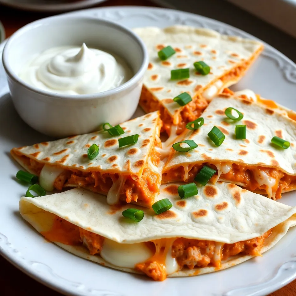 - 2 cups cooked chicken, shredded - 1/2 cup buffalo sauce - 1 cup shredded mozzarella cheese - 1 cup shredded cheddar cheese - 1/2 cup cream cheese, softened and at room temperature - 6 large flour tortillas - 2 tablespoons olive oil, divided - Chopped green onions - Sour cream - Salt - Freshly ground black pepper When making buffalo chicken quesadillas, you need key ingredients for great flavor. Start with cooked chicken. I like to shred it to mix easily with the sauce. Buffalo sauce adds heat and tang. Cream cheese makes the filling creamy and rich. Cheese is crucial. I use both mozzarella and cheddar for their melting qualities. Flour tortillas wrap everything up nicely. Olive oil helps the tortillas crisp up in the pan. For a fresh touch, you can add chopped green onions. They add crunch and a burst of flavor. If you want, serve with sour cream on the side for cooling spice. Lastly, don't forget the seasoning. A little salt and freshly ground black pepper can enhance all the flavors. {{ingredient_image_2}} To make the filling, first, take 2 cups of cooked chicken and shred it. In a bowl, mix the shredded chicken with 1/2 cup of buffalo sauce and 1/2 cup of softened cream cheese. Stir until it is smooth and creamy. This step is key for great taste. Taste the mixture and add salt and black pepper as you like. This will ensure it has the right flavor. Next, heat a non-stick skillet over medium heat. Add 1 tablespoon of olive oil and let it warm for about a minute. Lay one large flour tortilla flat in the skillet. Sprinkle half of the shredded mozzarella and cheddar cheeses evenly over the tortilla. Then, add half of the buffalo chicken mixture on one side. Spread it out evenly and top it with chopped green onions for extra flavor. Carefully fold the tortilla in half. Press down gently to seal the edges. Cook for about 3-4 minutes on each side. The tortilla should turn golden brown, and the cheese will melt inside. Once cooked, remove the quesadilla from the skillet and place it on a cutting board. Use a sharp knife or pizza cutter to slice the quesadilla into wedges. For a nice presentation, arrange the wedges on a colorful platter. Sprinkle more chopped green onions on top and serve with a small bowl of sour cream for dipping. Enjoy your delicious meal! To get a perfect brown on your tortilla, keep the heat steady. Cook on medium heat. If it’s too high, the outside will burn before the inside warms. Flip the quesadilla when it turns golden. For cheese that melts just right, use a mix of mozzarella and cheddar. Mozzarella melts smoothly, while cheddar adds flavor. Spice up your quesadilla with extra seasonings. Try garlic powder, onion powder, or smoked paprika. These will add depth to your dish. You can also make your own buffalo sauce. Combine hot sauce with melted butter and a pinch of garlic for a fresh twist. You can adjust the spice level easily. Add more buffalo sauce for heat or less for a milder taste. If you prefer a vegetarian option, swap out the chicken for sautéed mushrooms or roasted cauliflower. These will still give you a hearty filling. Pro Tips Use Fresh Ingredients: Always opt for fresh green onions and quality cheeses to enhance the flavor of your quesadillas. Customize the Heat: Adjust the amount of buffalo sauce based on your spice preference. You can also mix in some ranch seasoning for a milder flavor. Cheese Blend: Combine different types of cheese for a richer taste. Try adding pepper jack cheese for an extra kick! Make Ahead: You can prepare the buffalo chicken mixture in advance and store it in the fridge for up to 2 days. Just assemble and cook when you're ready! {{image_4}} You can swap chicken for turkey or beef. Both work well in quesadillas. Turkey gives a leaner choice, while beef adds a rich taste. Just cook the meat first, shred or chop it, and mix with buffalo sauce. For a fun twist, try plant-based proteins. Options like jackfruit or tofu can mimic chicken's texture. While mozzarella and cheddar are classic, you can mix it up. Try pepper jack for a spicy kick. Gouda or fontina adds a creamy touch. If you need dairy-free options, look for vegan cheeses. Many brands taste great and melt well. Just make sure they fit your diet. Add veggies to boost flavor and nutrients. Bell peppers add sweetness and crunch, while spinach contributes a fresh taste. You can also experiment with sauces. A drizzle of ranch or blue cheese dressing can elevate your quesadilla. Each add-on creates a unique and tasty twist. To keep your quesadillas fresh, place them in an airtight container. Refrigerate them within two hours of cooking. They will last for about 3 to 4 days in the fridge. If you want to store them longer, freezing is a great option. Wrap each quesadilla in plastic wrap, then place them in a freezer bag. This method keeps them safe for up to three months. Just remember to label the bag with the date. You can reheat quesadillas in an oven or microwave. For the oven, preheat it to 350°F (175°C). Place the quesadillas on a baking sheet and heat for about 10-15 minutes. This method keeps them crispy. If you use a microwave, place the quesadilla on a plate. Heat it for about 1-2 minutes, but be careful, as this can make them a bit soggy. To keep your quesadillas crispy when reheating, try placing a paper towel between the quesadilla and the plate in the microwave. This trick absorbs extra moisture. Enjoy your quesadilla just as delicious as the first time! To boost the heat, try these tips: - Add more buffalo sauce to the chicken mix. - Mix in diced jalapeños or chili peppers. - Use spicy cheese like pepper jack. - Serve with a spicy dipping sauce for extra kick. If you want more spice, taste as you go. Adjust the heat to fit your taste. Yes, you can prep ahead! Here’s how: - Make the chicken mixture a day early. - Store it in the fridge in an airtight container. - Assemble the quesadillas just before cooking. - You can also cook them and refrigerate. Reheat them in a skillet. This helps save time and still gives great flavor. Here are some tasty ideas for sides and dips: - Fresh salsa or pico de gallo for a zesty touch. - Guacamole adds a creamy, rich flavor. - A side salad with lettuce and tomatoes for crunch. - Serve with sour cream for cooling relief. These sides enhance the meal and make it even better! Buffalo Chicken Quesadillas are a tasty and fun meal. You start with cooked chicken, buffalo sauce, and cream cheese. Then, mix in your favorite cheeses and wrap it all in a tortilla. Don’t forget to add spices and optional toppings like green onions! Customize them with different proteins or cheese. Leftovers store well and reheat nicely. Enjoy experimenting with flavors. With these tips, you can make delicious quesadillas each time. Get cooking and enjoy every bite!