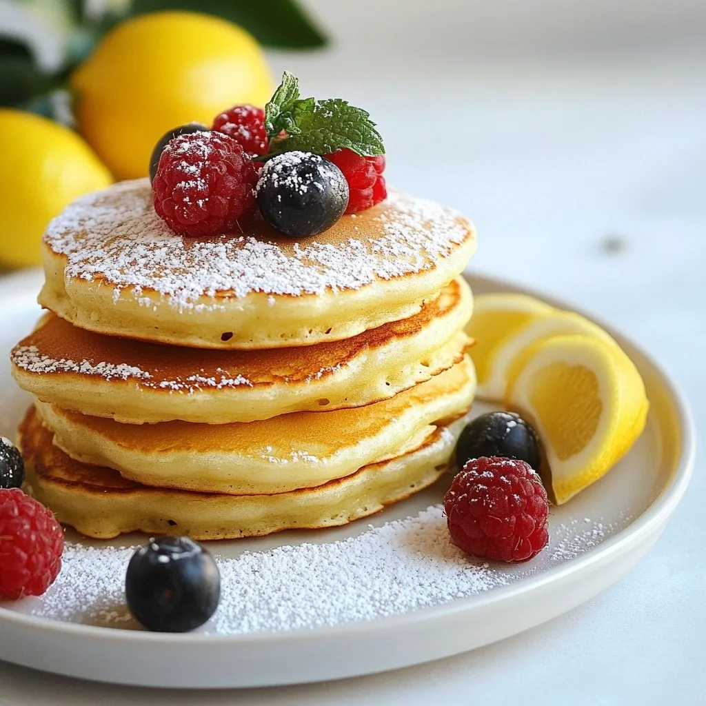 To make these light and fluffy pancakes, gather these key ingredients: - 1 cup ricotta cheese - 2 large eggs - 1/4 cup granulated sugar - Zest of 1 lemon - 1 tablespoon freshly squeezed lemon juice - 1 cup all-purpose flour - 1 teaspoon baking powder - 1/2 teaspoon baking soda - 1/4 teaspoon salt - 1/2 cup milk (plus extra as needed for consistency) - Butter or oil for cooking These main ingredients create a rich batter that yields fluffy pancakes. To serve your pancakes, consider these delightful additions: - Powdered sugar - Fresh berries (strawberries, blueberries, raspberries) These toppings add sweetness and a burst of color to your plate. You can make some easy swaps if you need alternatives: - For a lighter option, use low-fat ricotta cheese. - Swap the granulated sugar for honey or maple syrup. - If you need a gluten-free version, try using almond flour. - Unsweetened almond milk can replace regular milk. These substitutions still give you tasty pancakes while meeting dietary needs. {{ingredient_image_2}} Start with a large bowl. Add 1 cup of ricotta cheese. Crack in 2 large eggs. Then, mix in 1/4 cup of granulated sugar. Add the zest of 1 lemon and 1 tablespoon of lemon juice. Whisk this mixture until it's smooth and creamy. This step gives your pancakes a rich and tangy flavor. In another bowl, sift together the dry ingredients. Use 1 cup of all-purpose flour, 1 teaspoon of baking powder, 1/2 teaspoon of baking soda, and 1/4 teaspoon of salt. Sifting helps to aerate the flour. This makes your pancakes light and fluffy. Now, it’s time to mix. Gradually add the dry ingredients to the ricotta mixture. Alternate this with 1/2 cup of milk. Stir gently, being careful not to overmix. If the batter is thick, add more milk, one tablespoon at a time. Preheat a skillet on medium heat. Add a bit of butter or oil to coat the pan. Pour about 1/4 cup of batter for each pancake. Cook for 2-3 minutes. Look for bubbles on the surface. When edges look set, flip the pancake. Cook for another 2-3 minutes until golden brown. Repeat this with the remaining batter. Always add more butter or oil as needed. Serve warm with powdered sugar and fresh berries for a tasty finish. For light and fluffy pancakes, use fresh ricotta cheese. The creaminess helps create a soft texture. Mix the eggs well with the ricotta for a smooth base. When you add the dry ingredients, mix gently. Overmixing can make pancakes tough. If your batter feels thick, add a little milk. Aim for a pourable consistency without lumps. If pancakes come out flat, check your baking powder and baking soda. They must be fresh to help the pancakes rise. If they stick to the pan, ensure it's hot enough. A bit of butter or oil will also help. For uneven cooking, adjust the heat. Medium heat is best for even browning. A non-stick skillet or griddle works great for these pancakes. A spatula helps flip them easily. Use a measuring cup for even sizes. If you have one, a whisk makes mixing easier. A bowl for the wet and dry ingredients keeps things organized. Having all your tools ready makes cooking fun and stress-free! Pro Tips Use Fresh Ingredients: Always opt for fresh ricotta and lemons to enhance the flavor of your pancakes. Don’t Overmix: Gently fold the batter to keep the pancakes light and fluffy. Overmixing can lead to dense pancakes. Adjust Consistency: If the batter is too thick, add milk gradually until you reach the desired pourable consistency for perfect pancakes. Serve Immediately: These pancakes are best enjoyed fresh off the skillet. Serve them warm for maximum flavor and texture. {{image_4}} You can make lemon ricotta pancakes even more exciting. Try adding a pinch of cinnamon for warmth. Vanilla extract also adds a nice touch. If you love zest, add orange zest too. It pairs well with lemon and adds a sweet aroma. You can also fold in some mini chocolate chips for a fun twist. While fresh berries are a great choice, think outside the box. You can use sliced bananas and maple syrup for a classic combo. Toasted nuts add crunch and depth. If you enjoy a tropical vibe, try coconut flakes or mango slices. Greek yogurt can add creaminess and a bit of tang. You can easily adapt this recipe for gluten-free needs. Use a gluten-free flour blend instead of all-purpose flour. For a dairy-free version, swap ricotta with a dairy-free cream cheese or silken tofu. Make sure to check labels on all ingredients to avoid gluten or dairy. These swaps keep your pancakes light and fluffy while meeting your dietary needs. After you enjoy your lemon ricotta pancakes, you might have some left. To store them, place the pancakes in a shallow container. Make sure to layer parchment paper between each pancake. This keeps them from sticking together. Seal the container with a lid. Store them in the fridge for up to three days. To reheat your pancakes, you have a few options. The best way is on the stove. Heat a skillet over low heat. Add a bit of butter and place the pancakes in the skillet. Cook for about one minute on each side. This keeps them warm and tasty. You can also use a microwave. Place the pancakes on a plate and cover them with a damp paper towel. Heat them for about 20-30 seconds. If you want to save your pancakes for later, freezing is easy. First, let the pancakes cool completely. Then, stack them with parchment paper between each one. Place them in a freezer-safe bag or container. Label the bag with the date. You can freeze them for up to two months. When you're ready to eat, thaw them in the fridge overnight. Reheat them as described above for a fresh taste. Yes, you can prepare the batter the night before. Store it in the fridge. Just remember to stir it gently before cooking. This way, you save time in the morning. Fresh pancakes taste best, so try not to let the batter sit too long. Look for bubbles on the surface. When they form, it’s time to flip. The edges will also look set. Cook them for another 2-3 minutes after flipping. They should turn golden brown and feel firm to the touch. If you’re unsure, cut one open to check for doneness. Ricotta cheese is a great source of protein. It also contains calcium, which helps with bone health. This cheese is lower in fat than many others, making it a smart choice. Plus, ricotta brings a creamy texture to your pancakes. It adds flavor without too many calories. Lemon ricotta pancakes offer a tasty twist on breakfast. We covered the key ingredients, preparation steps, and tips to get the right texture. You can also explore fun variations and learn about storing leftovers. Eating these pancakes can brighten your morning. Experiment with toppings and enjoy this simple recipe. You’ll love the taste and texture that ricotta brings. Happy cooking!