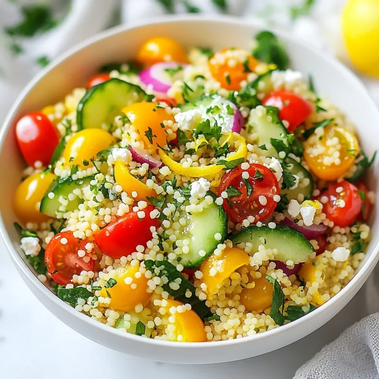 For this tasty salad, you'll need: - 1 cup couscous - 1 ¼ cups vegetable broth - 1 cup cherry tomatoes, halved - 1 cucumber, diced - 1 bell pepper, diced - ½ red onion, finely chopped - ¼ cup fresh parsley, chopped - ¼ cup fresh mint, chopped - Zest and juice of 1 large lemon - 3 tablespoons extra virgin olive oil - Salt and black pepper to taste These ingredients come together to create a bright, colorful dish. The couscous serves as a fluffy base, while the veggies add crunch and freshness. If you want to elevate your salad, consider these additions: - ¼ cup feta cheese, crumbled - A sprinkle of chili flakes for heat - Sliced olives for a briny touch These optional ingredients can bring new flavors and textures to your salad. Feel free to mix and match based on what you love. The quality of your ingredients matters. Always use fresh vegetables and herbs. Fresh parsley and mint enhance the flavor. If you can, choose organic produce to avoid pesticides. You’ll notice the difference in taste. For the best lemon flavor, pick a firm, bright lemon. Zest it right before using to keep it aromatic. {{ingredient_image_2}} To make the couscous, start by boiling vegetable broth in a medium saucepan. Use medium-high heat for a quick boil. Once it bubbles, add 1 cup of couscous. Immediately lower the heat and take the pot off the burner. Cover the pot with a lid and let it sit for about 5 minutes. This helps the couscous absorb all the broth. After five minutes, use a fork to fluff it. This separates the grains and gives it a nice texture. Let it cool down to room temperature before mixing with other ingredients. While the couscous cools, grab a large mixing bowl. Chop your fresh veggies. Halve 1 cup of cherry tomatoes. Dice 1 cucumber and 1 bell pepper. You can pick any bright color for the bell pepper. Finely chop ½ of a red onion, along with ¼ cup each of fresh parsley and mint. Add all these veggies and herbs into the bowl. Stir gently to mix everything together. This mix adds color and crunch to the salad. For the dressing, take a small bowl. Whisk together the zest and juice of 1 large lemon. Add 3 tablespoons of extra virgin olive oil, and season with salt and pepper to taste. This dressing will brighten your salad. Once mixed, drizzle it over the couscous and vegetable mixture. Toss everything gently to coat each piece well. If you want a creamy touch, sprinkle ¼ cup of crumbled feta cheese on top. Let your salad rest for at least 15 minutes before serving. This helps all the flavors combine for a tasty bite. To get fluffy couscous, use the right broth. I recommend vegetable broth for a rich taste. Bring it to a boil. Then, add the couscous and cover it. Let it sit for 5 minutes. This resting time allows the couscous to absorb all the liquid. Fluff it gently with a fork afterward. This prevents clumping and keeps it light. Presentation matters! Use a large, colorful bowl to show off your salad. Top it with fresh lemon slices and extra herbs. This adds a bright touch and makes it inviting. For a fun twist, serve individual portions in mason jars. They look charming and are great for picnics or parties. To boost flavor, let your salad rest before serving. This allows all the ingredients to meld together. I suggest letting it sit for at least 15 minutes. Add a sprinkle of salt and pepper just before serving. You can also try adding a splash of balsamic vinegar for extra zing. If you like creamy textures, crumbled feta cheese is a perfect choice. It adds a rich, tangy flavor that pairs nicely with the freshness of the salad. Pro Tips Use Fresh Ingredients: Fresh herbs and vegetables will elevate the flavors of your salad, making it more vibrant and delicious. Adjust the Dressing: Taste the dressing before adding it to the salad; you can adjust the acidity or seasoning according to your preference. Meal Prep Friendly: This salad is perfect for meal prep! It stays fresh in the fridge for a couple of days, making it a great option for lunch. Customize Your Add-Ins: Feel free to add other ingredients like olives, chickpeas, or avocado to customize the salad to your liking. {{image_4}} You can switch out some ingredients in this salad. Use quinoa instead of couscous for a gluten-free option. If you don't have fresh herbs, try dried herbs like oregano or basil. You can also use lime juice instead of lemon juice for a different taste. Swap feta cheese for goat cheese or omit it for a vegan dish. To make this salad more filling, add protein. Grilled chicken or shrimp work well. Chickpeas or black beans are great for a plant-based option. Simply mix them in with the vegetables and couscous. This way, you create a balanced meal. Seasonal changes can inspire your salad. In the summer, add fresh corn or avocado. During fall, use roasted butternut squash or apples for sweetness. Winter brings hearty greens like kale or spinach. In spring, try adding peas or asparagus. Each season brings new flavors and colors to your dish. To keep your Lemon Herb Couscous Salad fresh, store it in an airtight container. Make sure the lid seals tightly to keep air out. You can also use a glass jar for easy serving later. If you have feta cheese in the salad, consider storing it separately. This keeps the cheese from getting soggy. When stored properly in the fridge, this salad lasts about 3 to 5 days. After that, the veggies may lose their crunch. Always give it a sniff before eating. If it smells off, it's best to toss it. This salad is great cold, but if you want to heat it, do so gently. Pour it into a pan and warm it over low heat. Stir often to avoid burning. You can add a splash of broth or water to help it heat through. Enjoy it warm, but know that fresh flavors shine best when served cold. Yes, you can make this salad ahead of time. It tastes even better after resting. The flavors mix well when you let it sit. I recommend chilling it in the fridge for a few hours. This makes it perfect for a picnic or a meal prep option. This salad pairs well with grilled chicken or fish. It also complements roasted vegetables nicely. For a light meal, enjoy it with a piece of crusty bread. If you want a vegetarian option, add some chickpeas for extra protein. The bright flavors of the salad balance rich dishes well. Absolutely! This salad is great for meal prep. It holds up well in the fridge for a few days. Just store it in an airtight container. Keep the dressing separate if possible, to maintain freshness. This way, you can enjoy a quick and tasty lunch all week! This blog covered how to make a tasty Lemon Herb Couscous Salad. We looked at key ingredients and how to ensure quality and freshness. I shared easy steps for cooking couscous and mixing in fresh veggies. You also learned tips to get the best texture and presentation. As you try this salad, remember to play with flavors and ingredients. Make it your own for any meal or event. Enjoy your cooking adventure, and don’t forget to share your results!